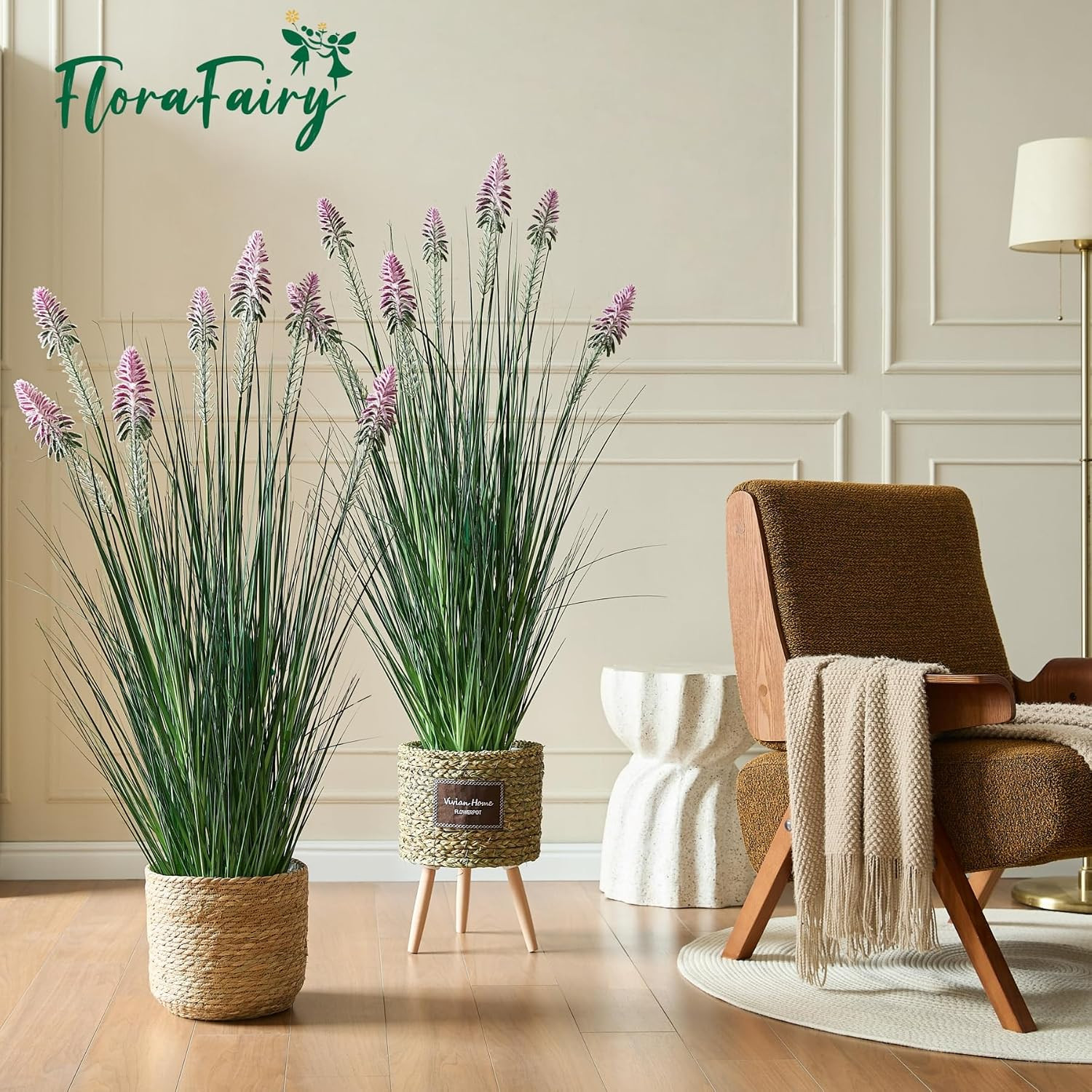 4Ft 2-Pack Horsetail Reed Grass with Purple Cockscomb Flower, 48In Tall Indoor O