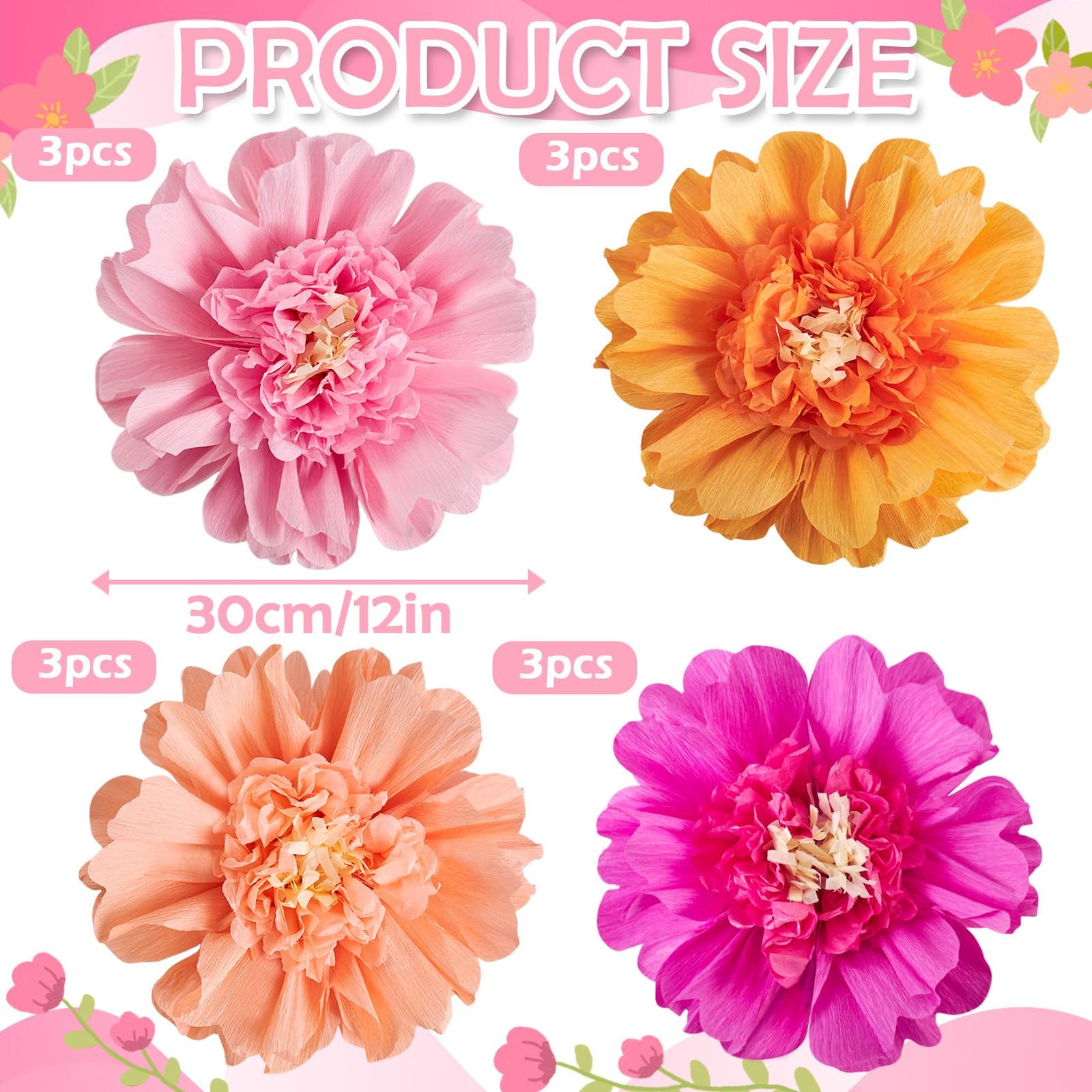 12 PCS 12 Inch Pink Orange Tissue Crepe Paper Flowers Wall Backdrop Party Decor