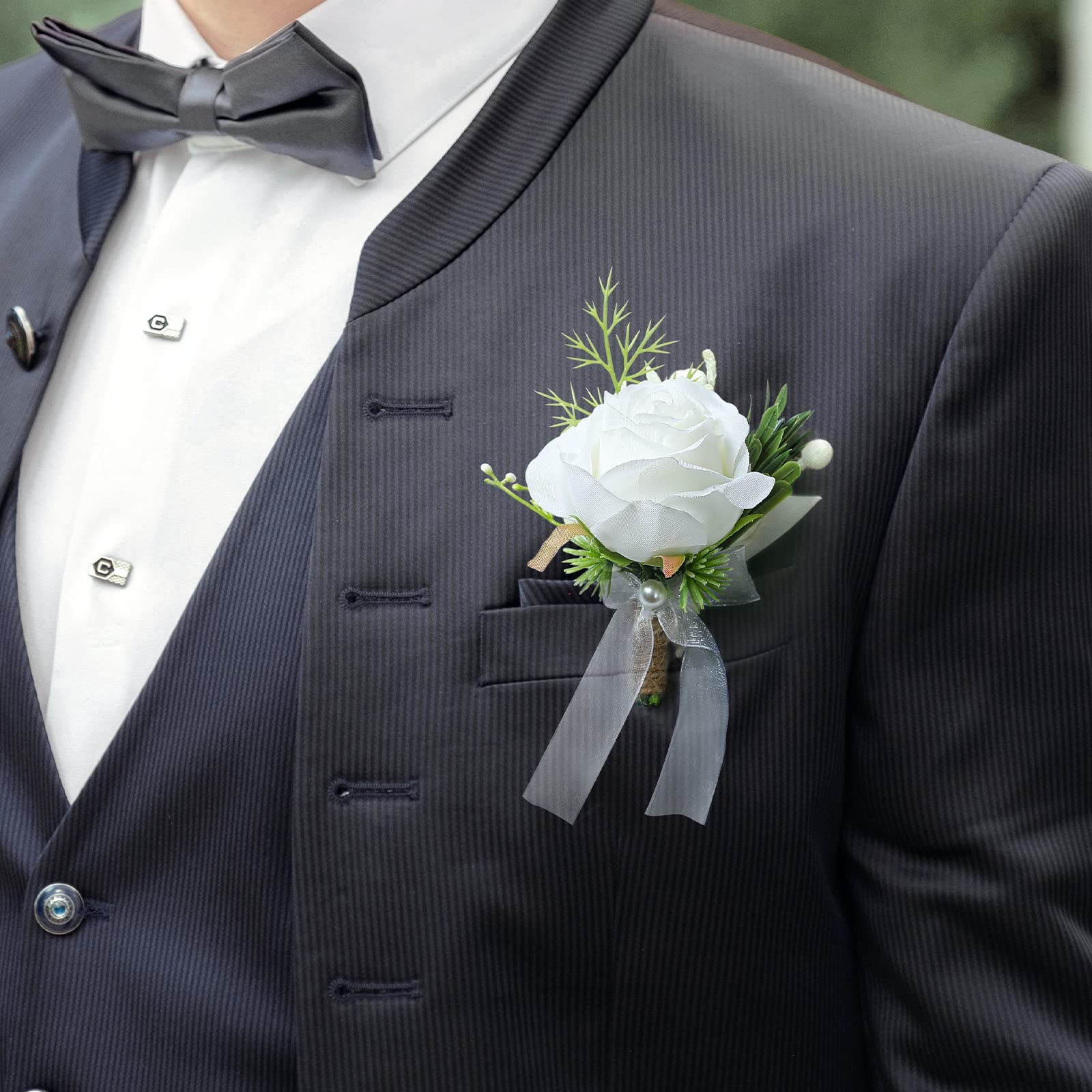 2pcs White Rose Boutonniere for Men Artificial Rose Flower for Wedding Flower…