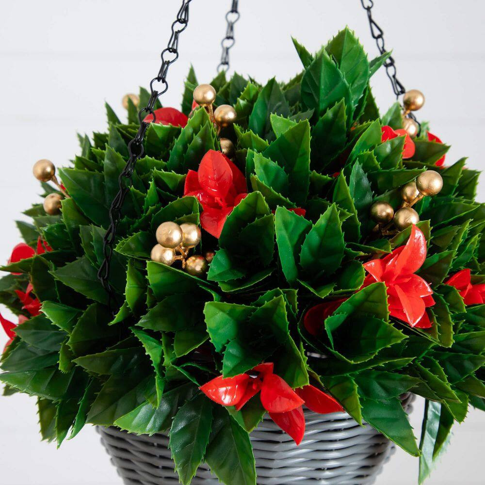 24 In. Pre-Lit UV Resistant Faux Red Tip Photinia & Gold Berries Christmas Hangi