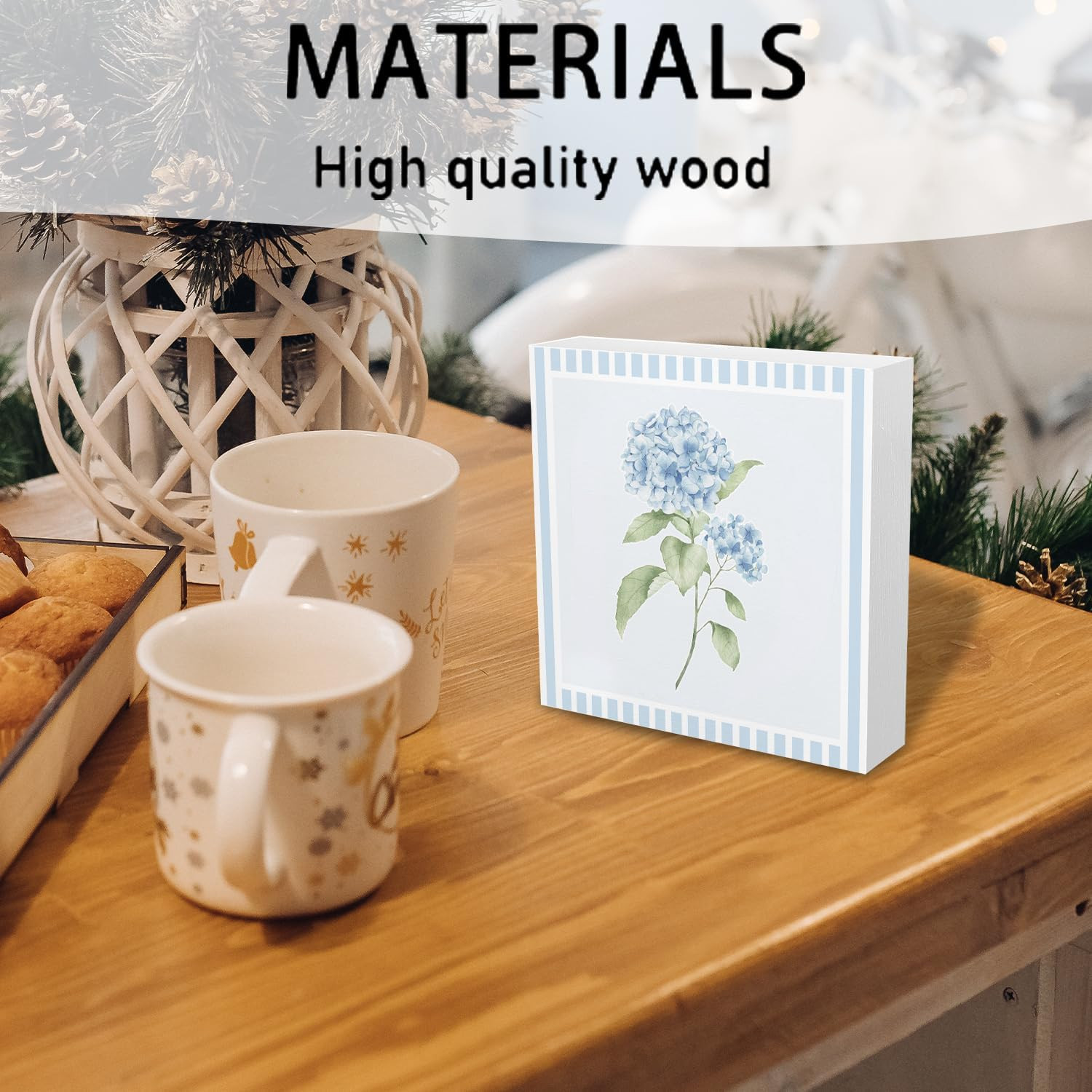 Blue Hydrangea Stripes Decor,Watercolor Hydrangea Flower Chinoiserie Wooden B…