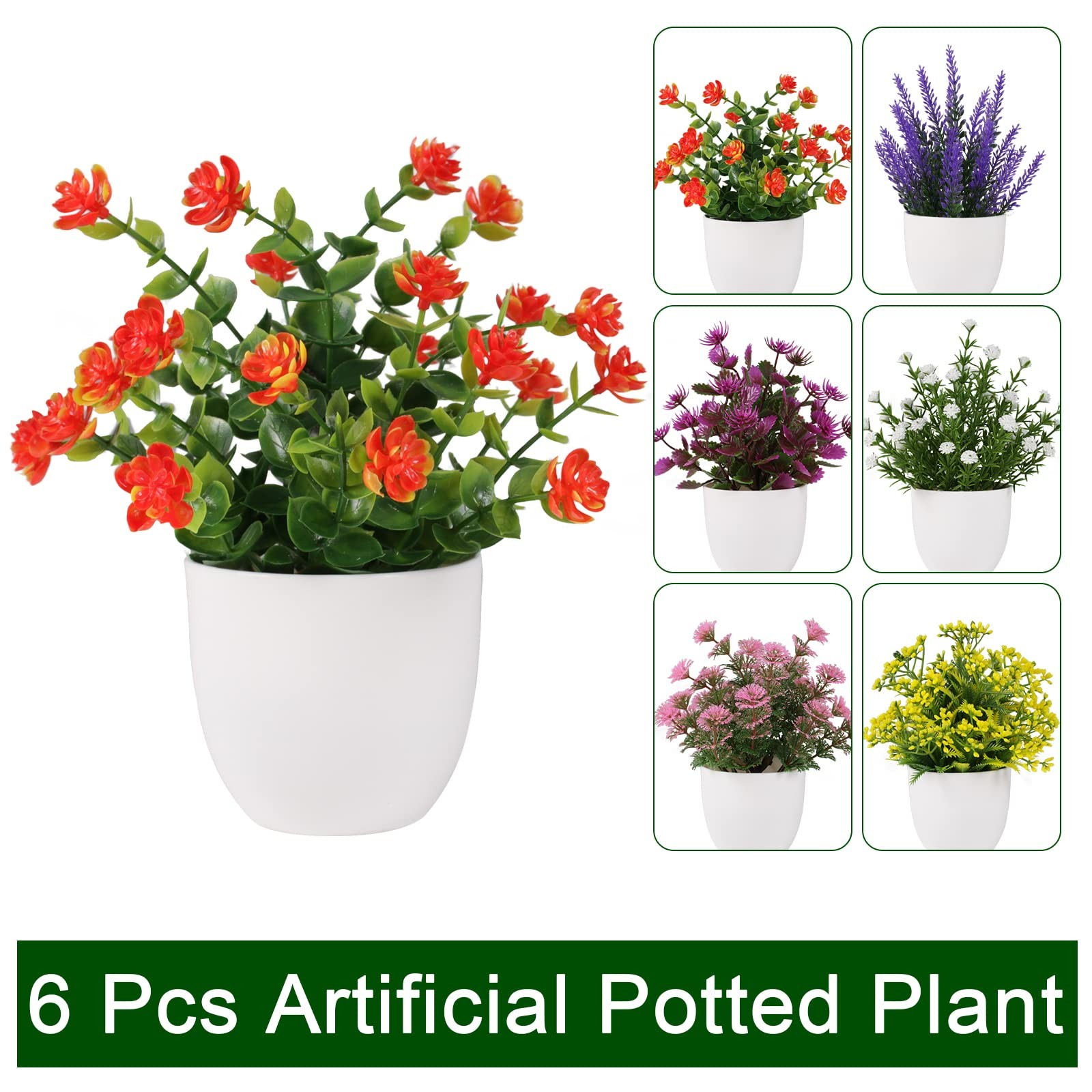 6 Pack Small Artificial Flower Potted Plants, Mini Faux Flowers in Pots