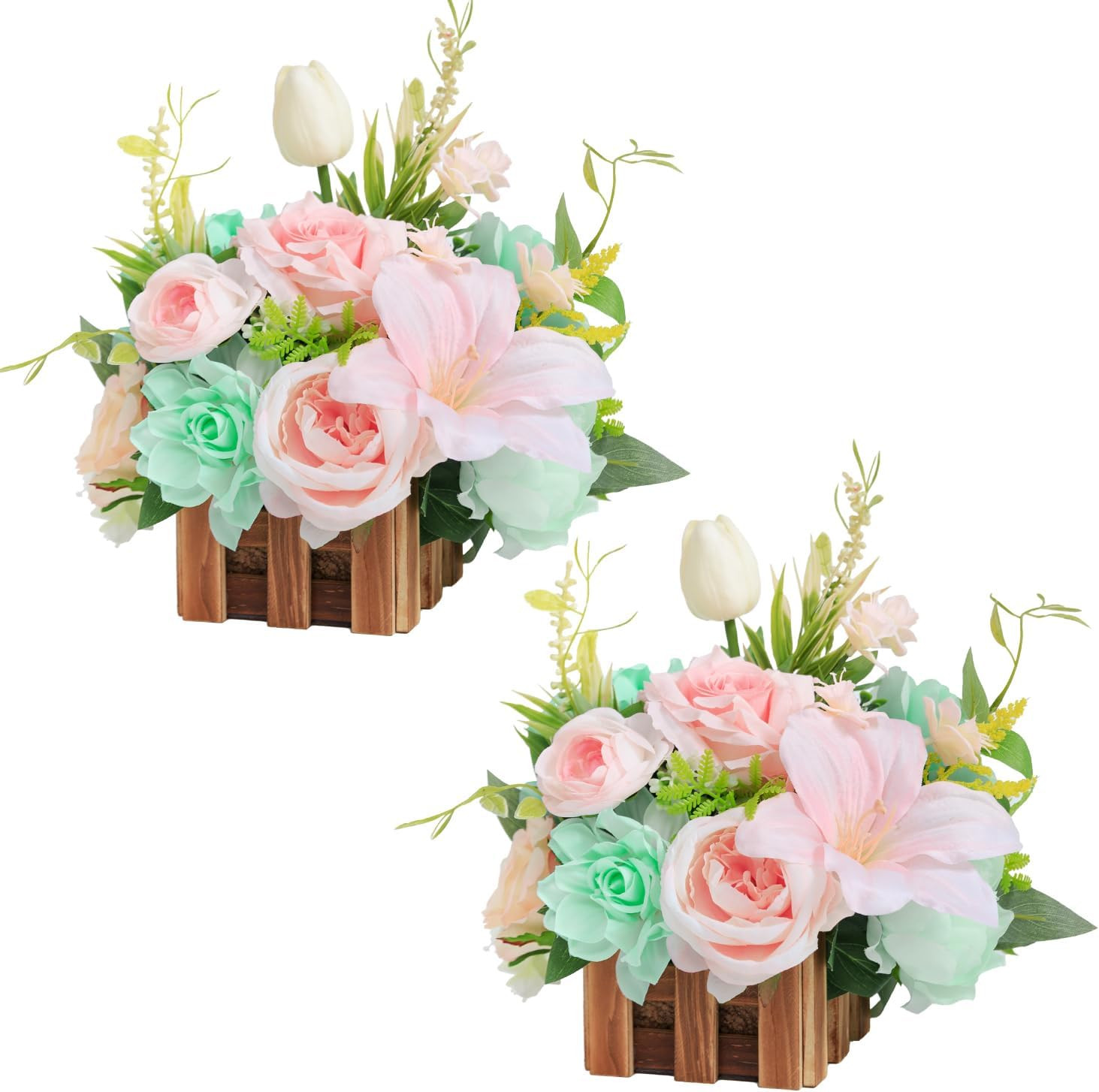 Set of 2 Large Mint Green & Pink Artificial Flower Centerpieces for Weddings
