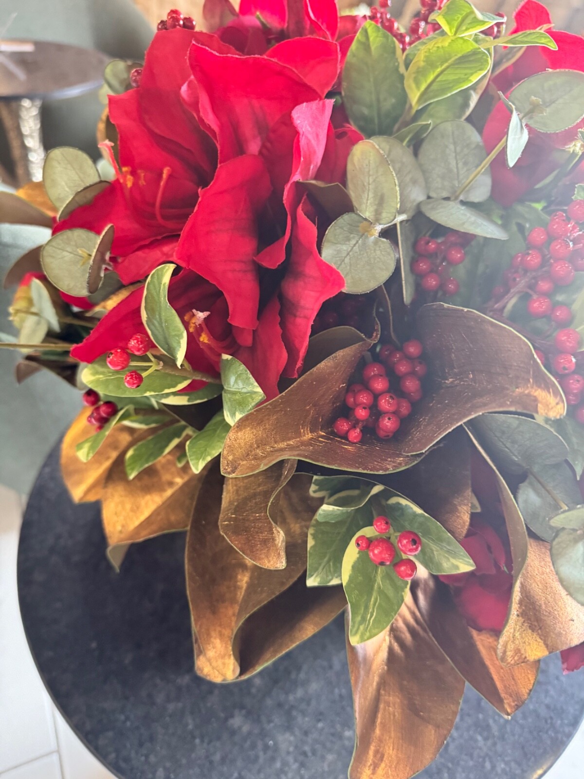 Faux Amaryllis Camellia Floral Arrangement in Planter-Winward Home