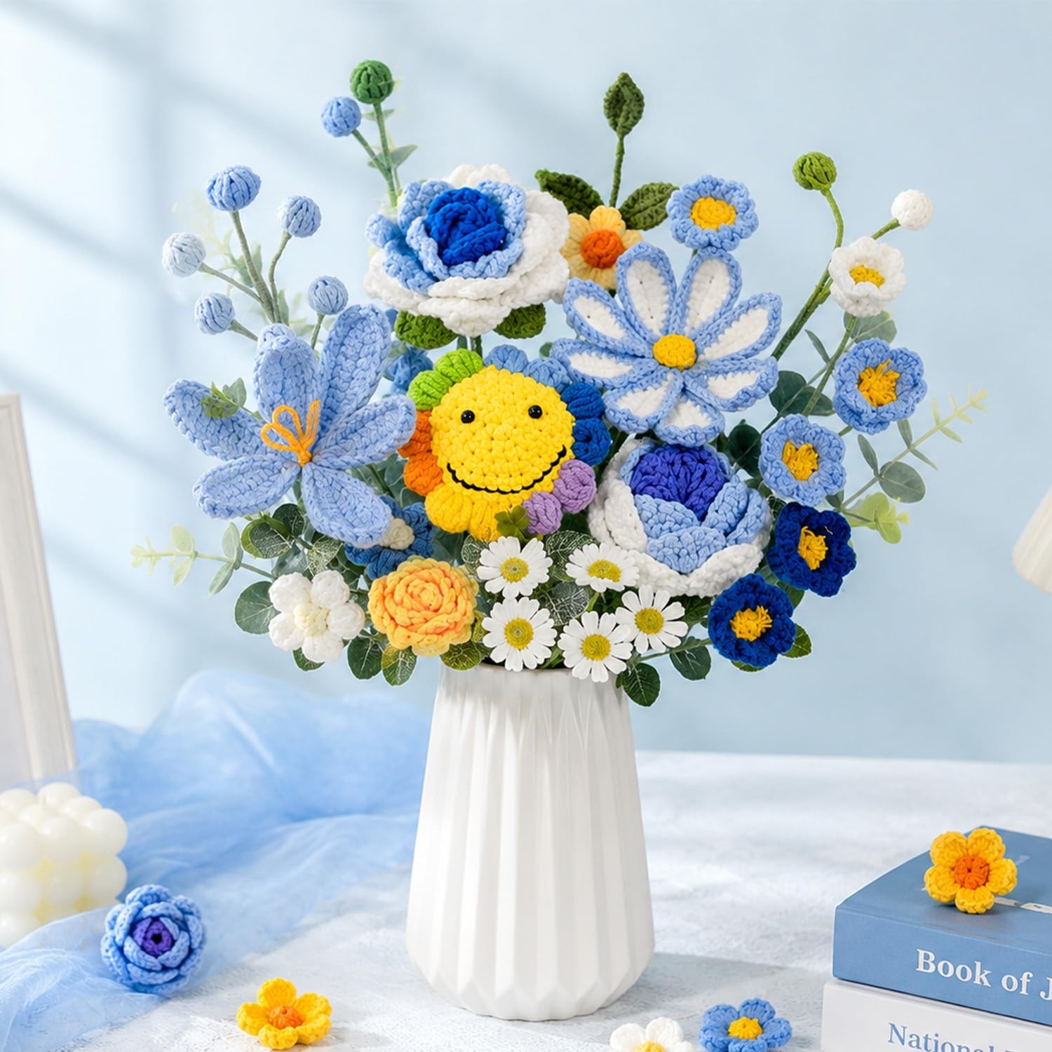 Crochet Flower Bouquet, Smiling Sunflower Tulip Rose, Blue