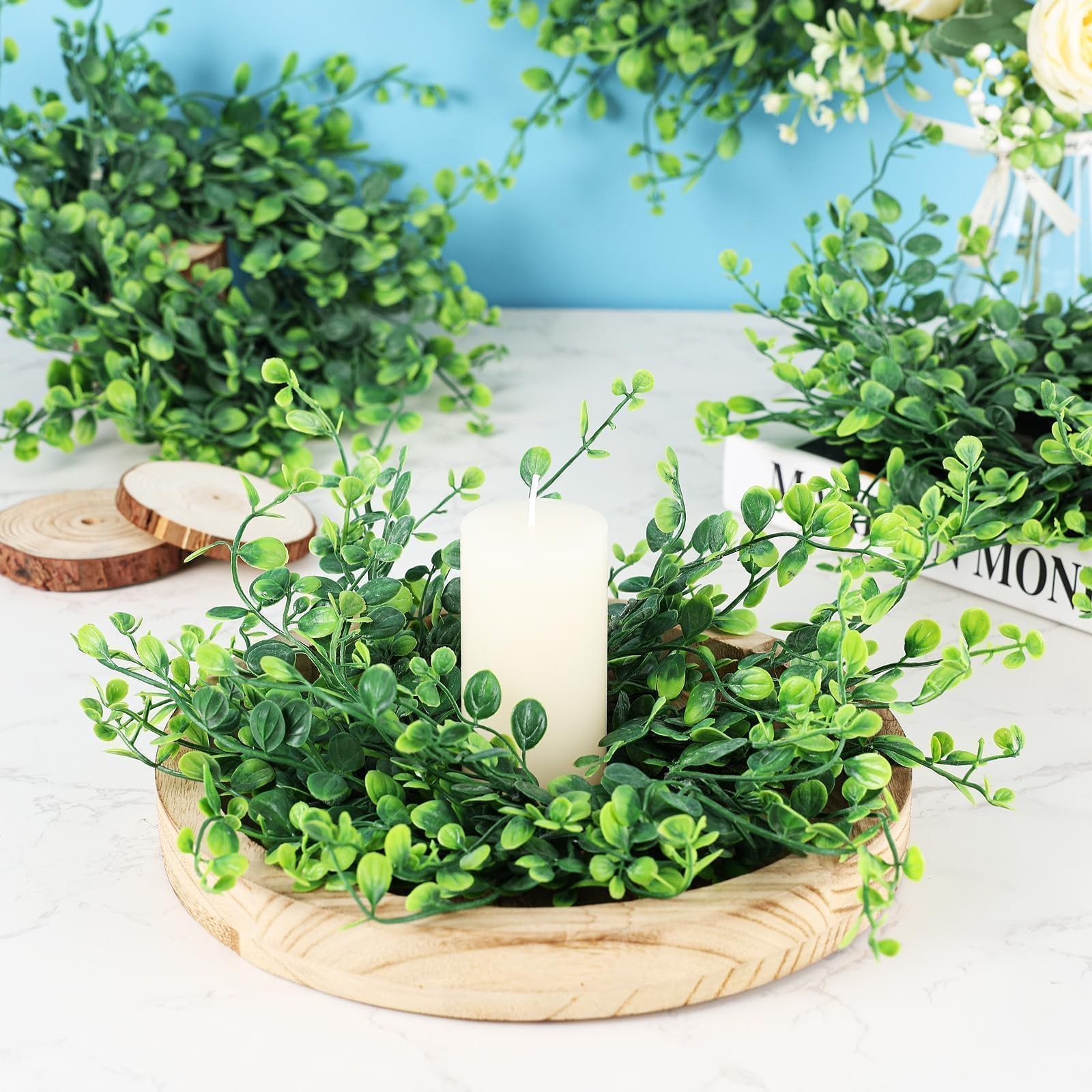8 Pcs Mini Green Boxwood Candle Rings Wreaths Spring Summer Kitchen Cabinet Swag