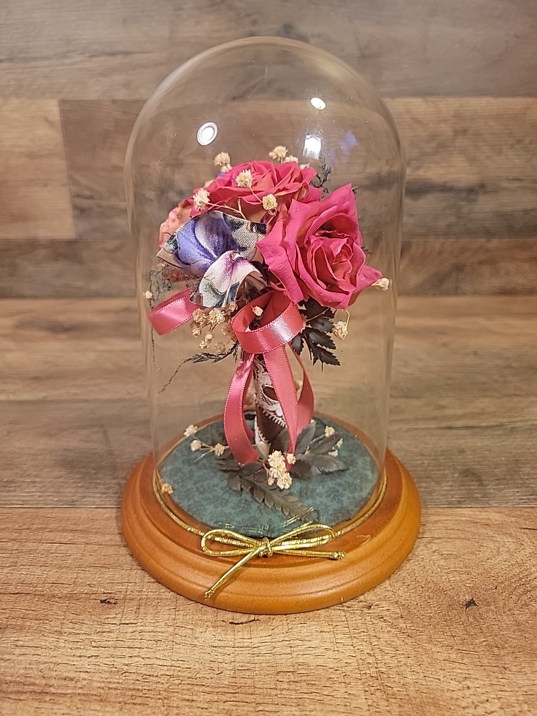 NATURAL EXPRESSIONS Freeze Dried Rose Topiary Under Glass Dome On Wooden Base.