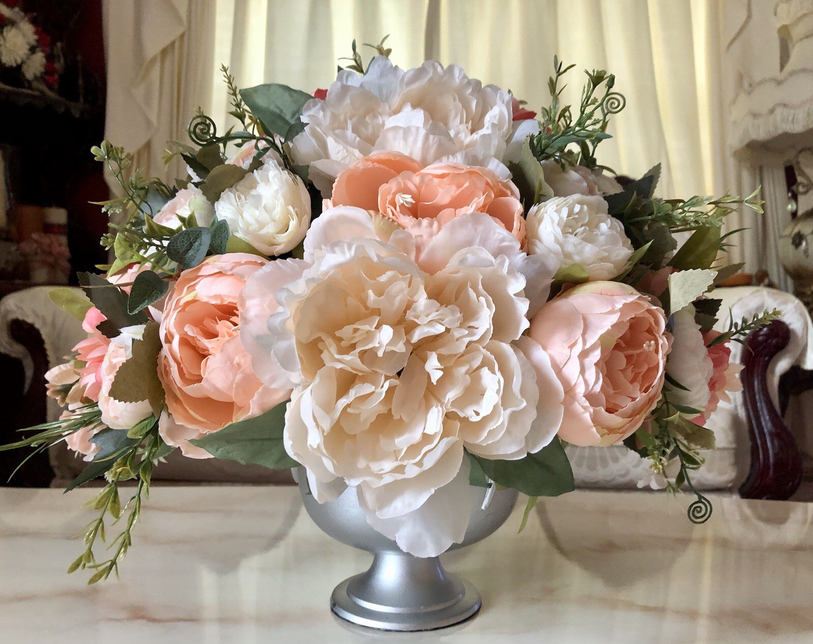 Blush Peach Peony Floral Arrangement Spring Easter Floral Centerpiece