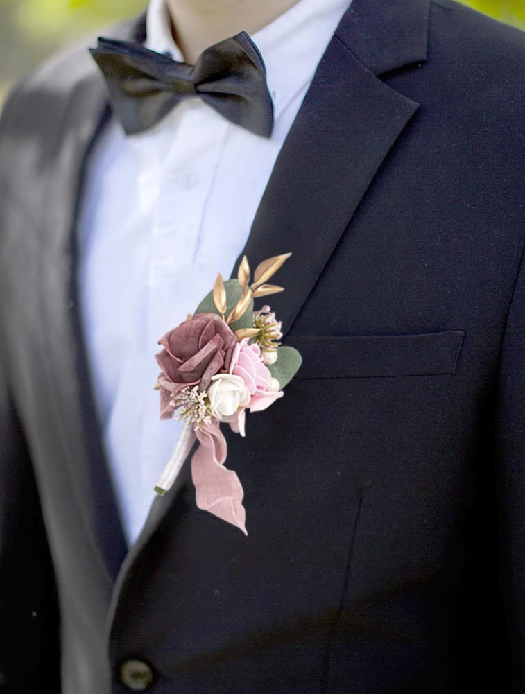 Dusty Rose Wrist Corsage and Boutonniere Set Artificial Light Pink White Rose…