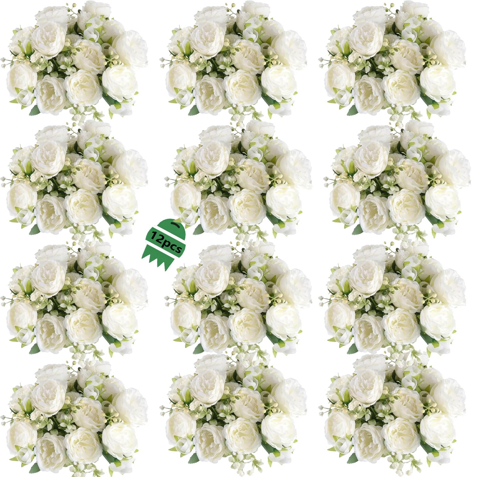 12 Bundles Peonies Artificial White Flowers Bouquet, Lifelike Silk Fake Peoni…