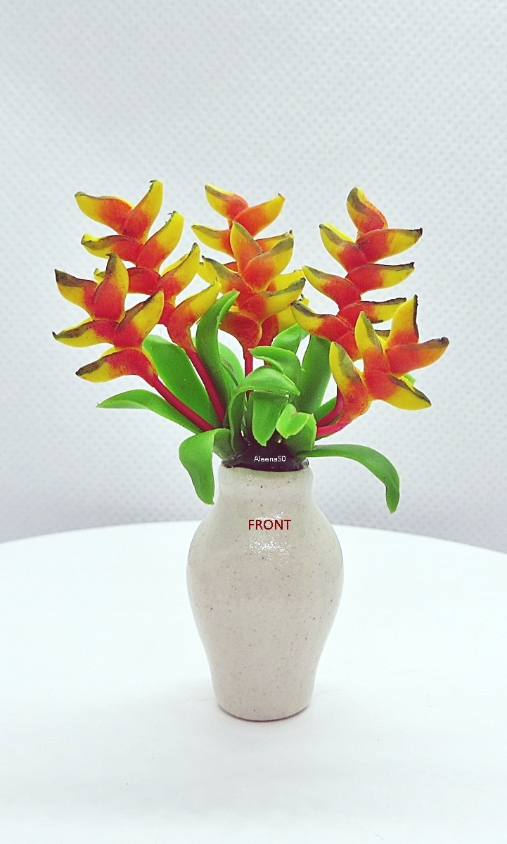 2.5″H Handmade 1:12 Miniature Clay Heliconia Arranged in Ceramic Vase US Stock