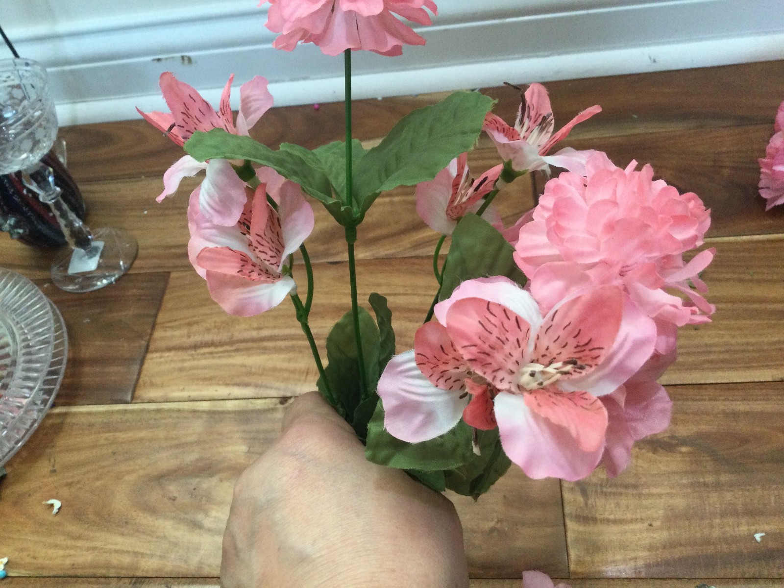 Garden Pink Silk Floral Arrangement in a Woven Basket carnations roses daisy