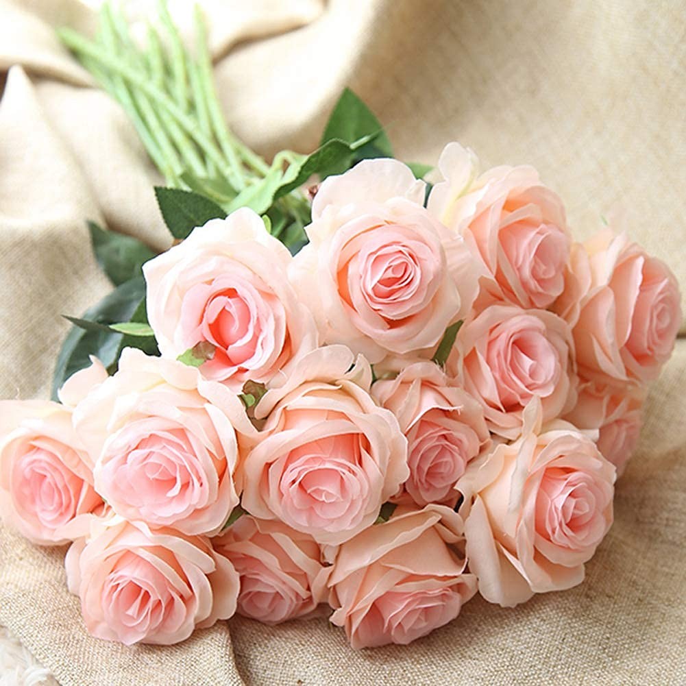 Amzali Artificial Flowers, Silk Rose Real Looking Blush Flower Home Decorations