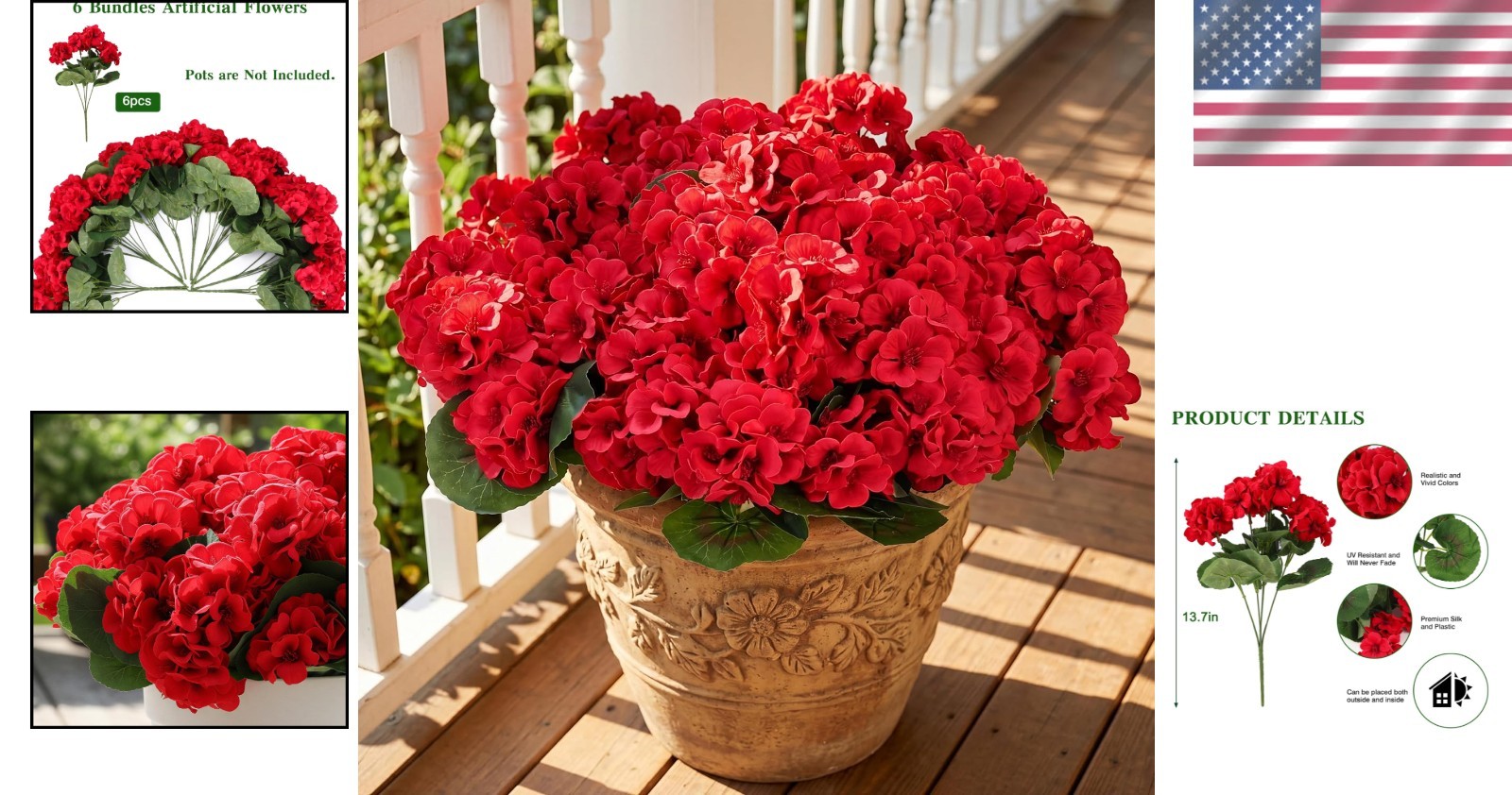 Vibrant Silk Red Geraniums – 6 Bundles for Effortless Home Decor & Gardens