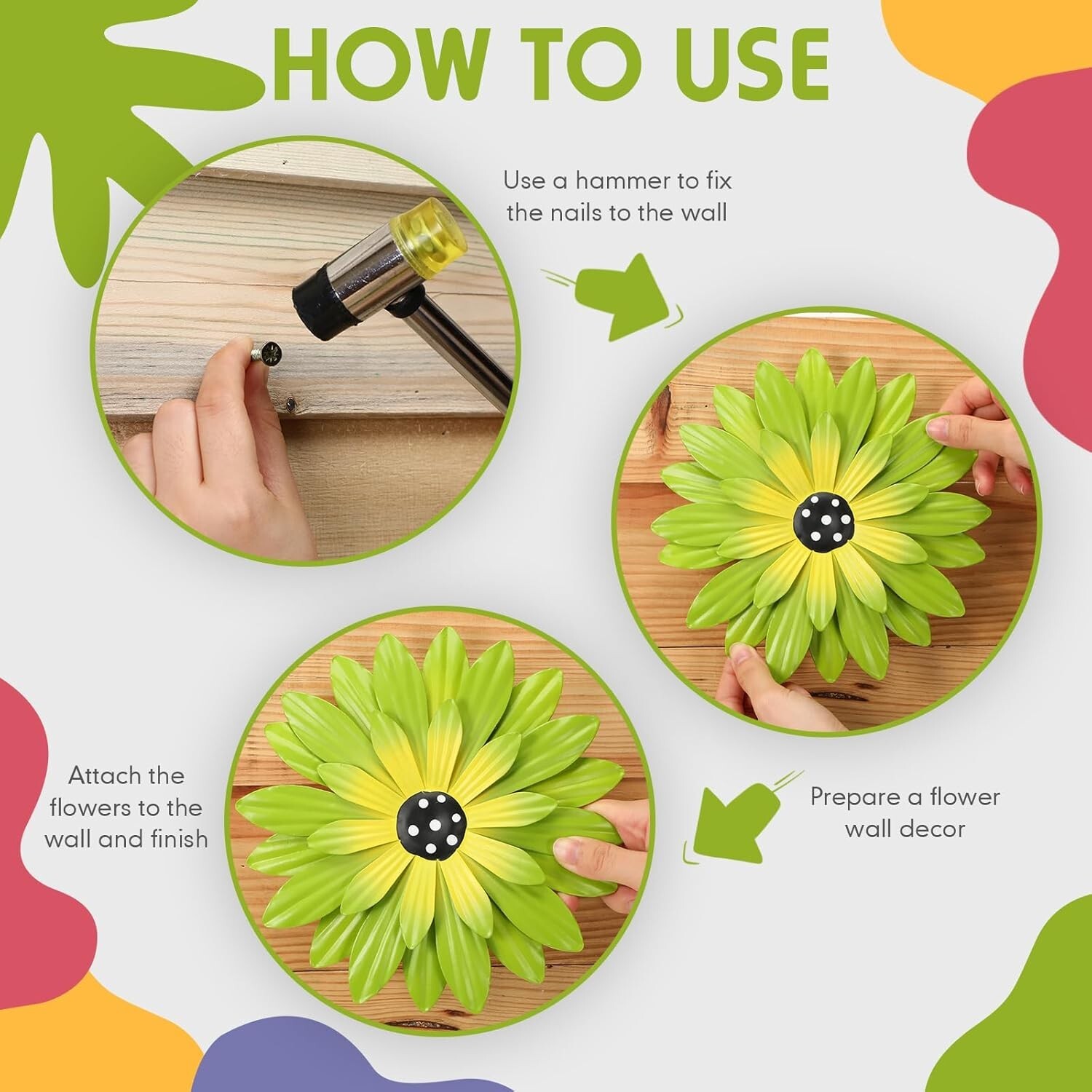 6 piezas de flores de metal para decoración de pared, girasoles, colgantes para