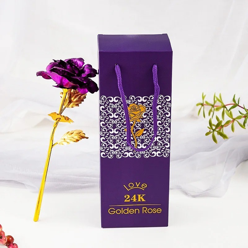 24k Gold Plated Foil Rose Flower Long Stem Dipped New Year Xmas Gift For Her