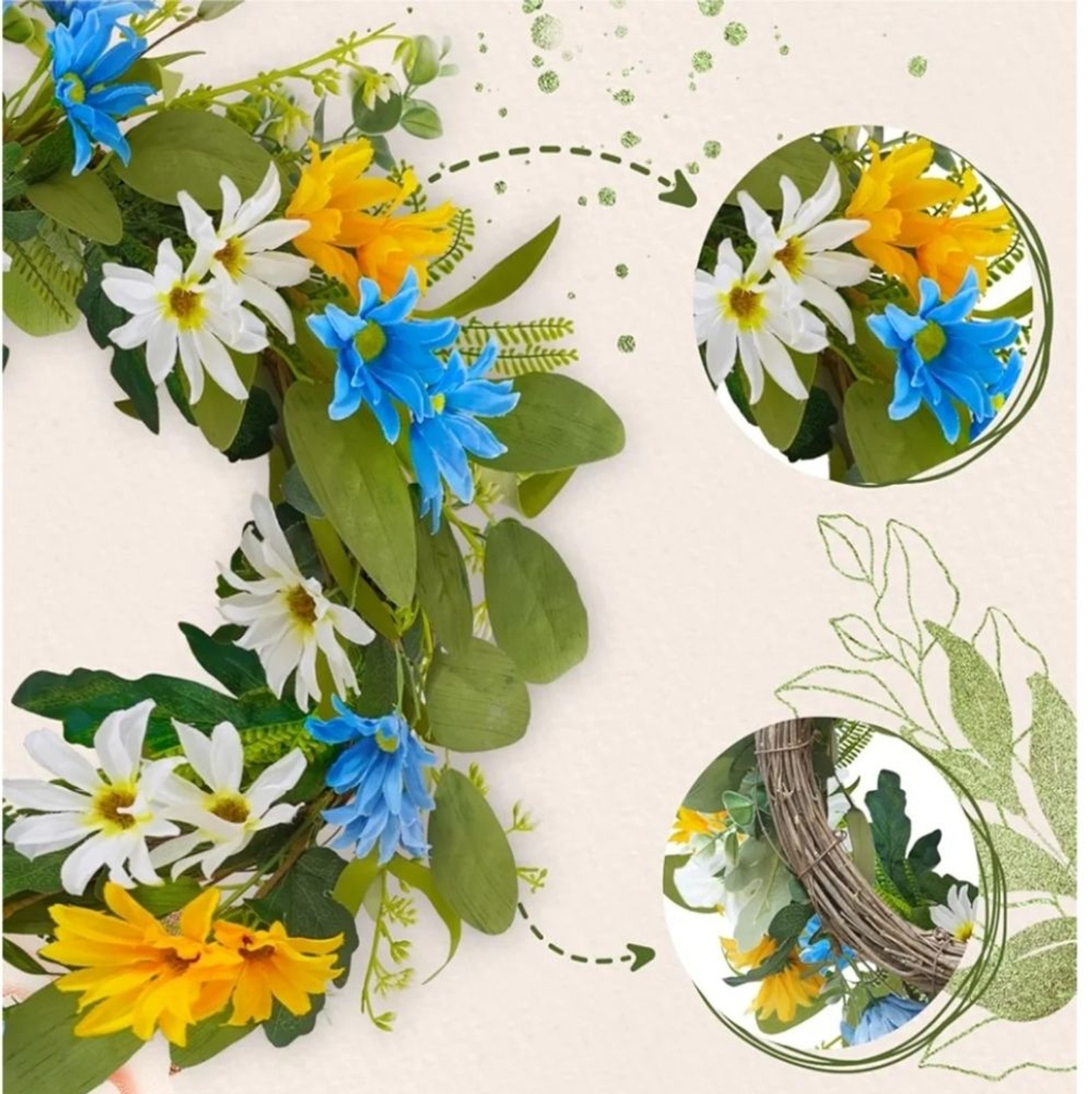 Summer Wreath 20inch Floral Door Wreath with Blue, Yellow, and White Flowers