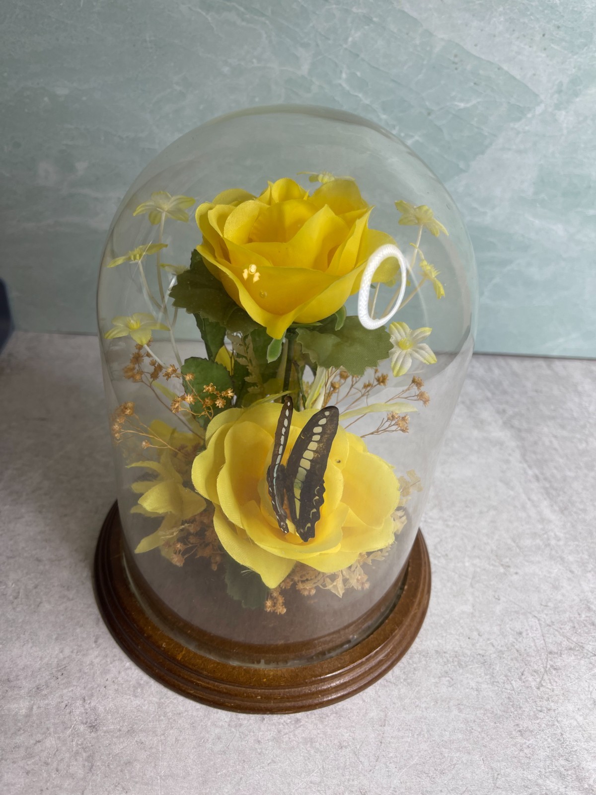 Vintage Butterfly Cloche Dome silk flowers yellow Wood Frame 9″