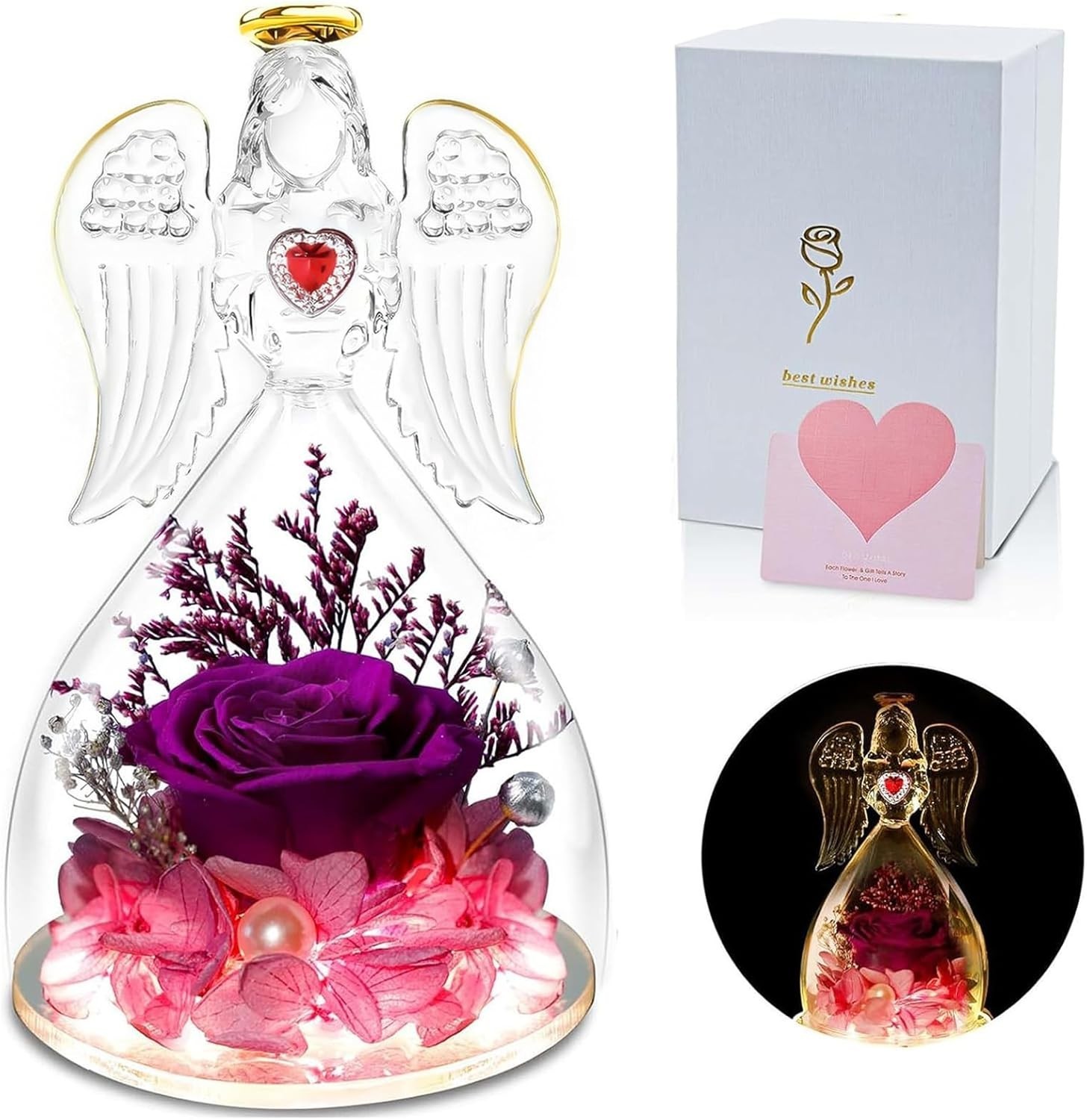 “Mothers Day Mom Gifts for Her,Preserved Flowers Rose in Glass Angel Figurines,B