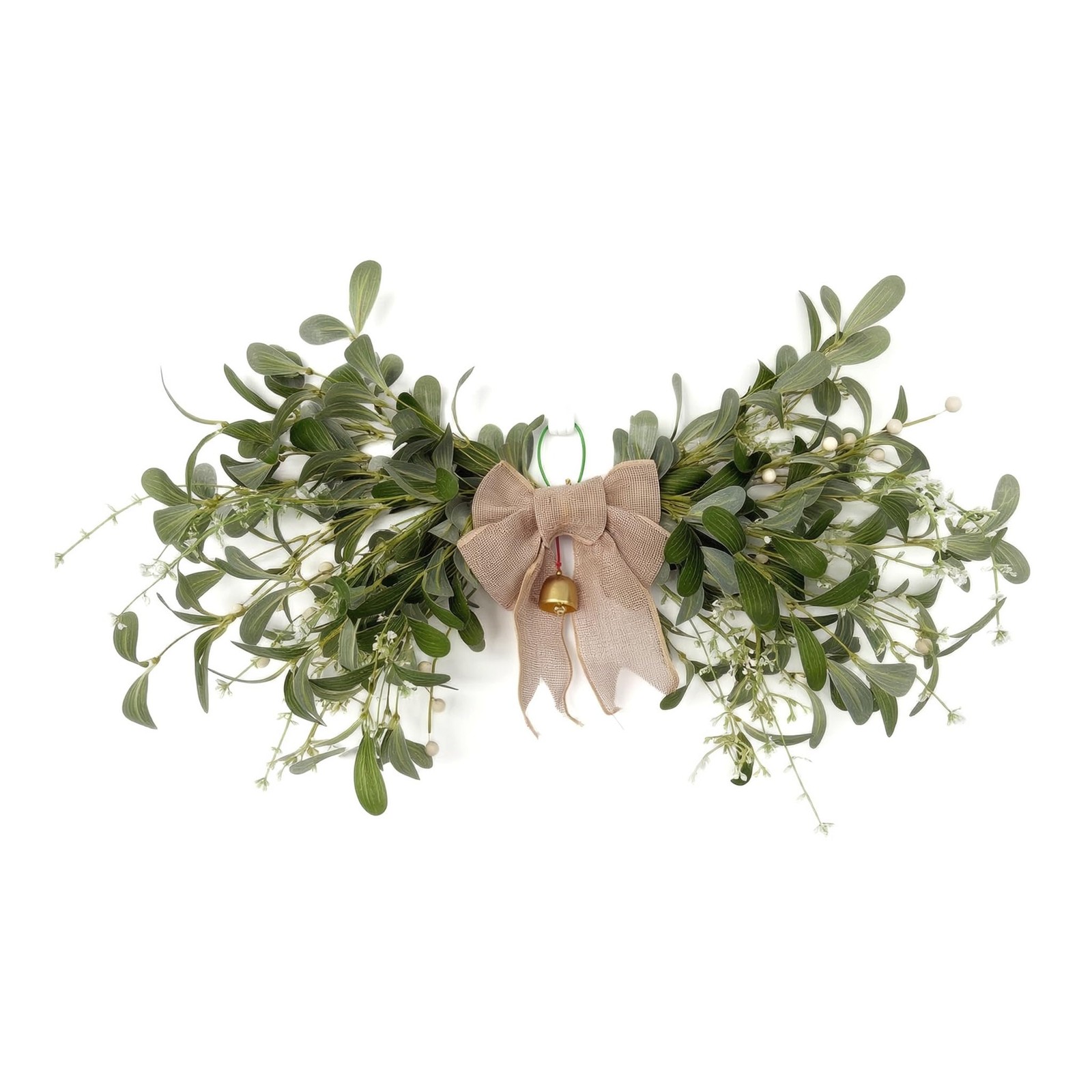 Artificial Mistletoe Swag with White Berries, Burlap Bow and Golden Bell, Rus…