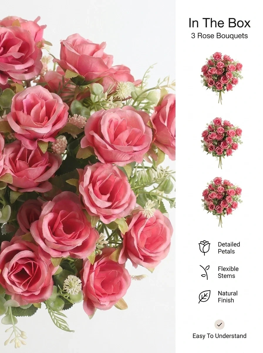 Artificial Rose Bouquet Set of 3 Pink Silk Flowers Wedding Home Decor 12in