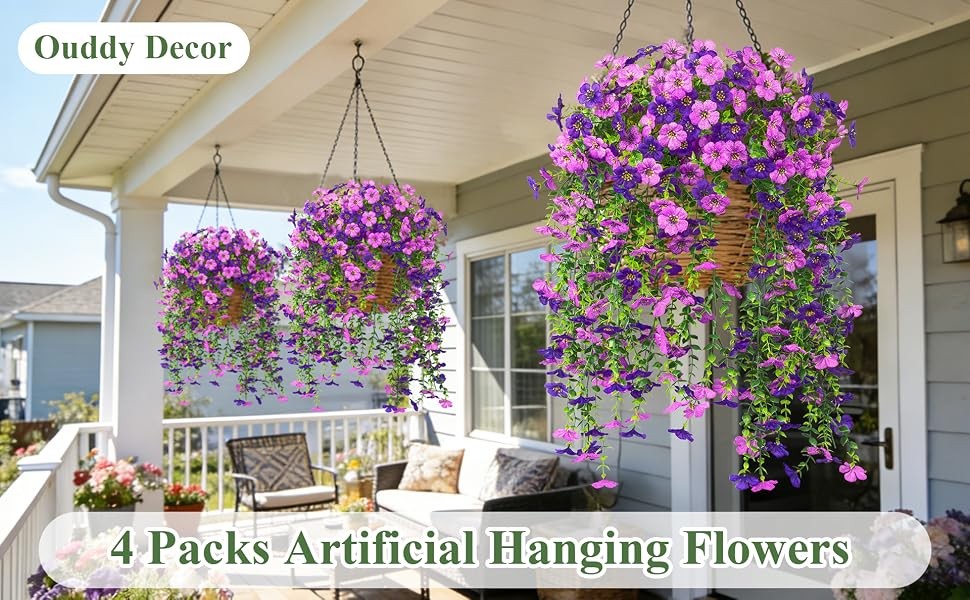 4 Pcs Artificial Hanging Flowers for Outdoors, Purple Mixed | Fake silk daisy
