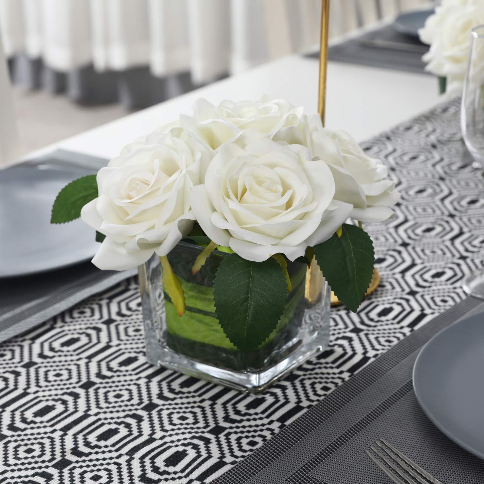 Artificial Velvet Rose Flower Centerpiece Arrangement in Vase Ivory Rose