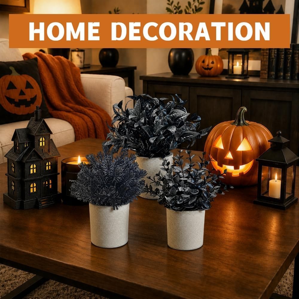 Halloween Fake Plants 3Pcs Mini Potted Eucalyptus Rosemary Artificial Home Decor