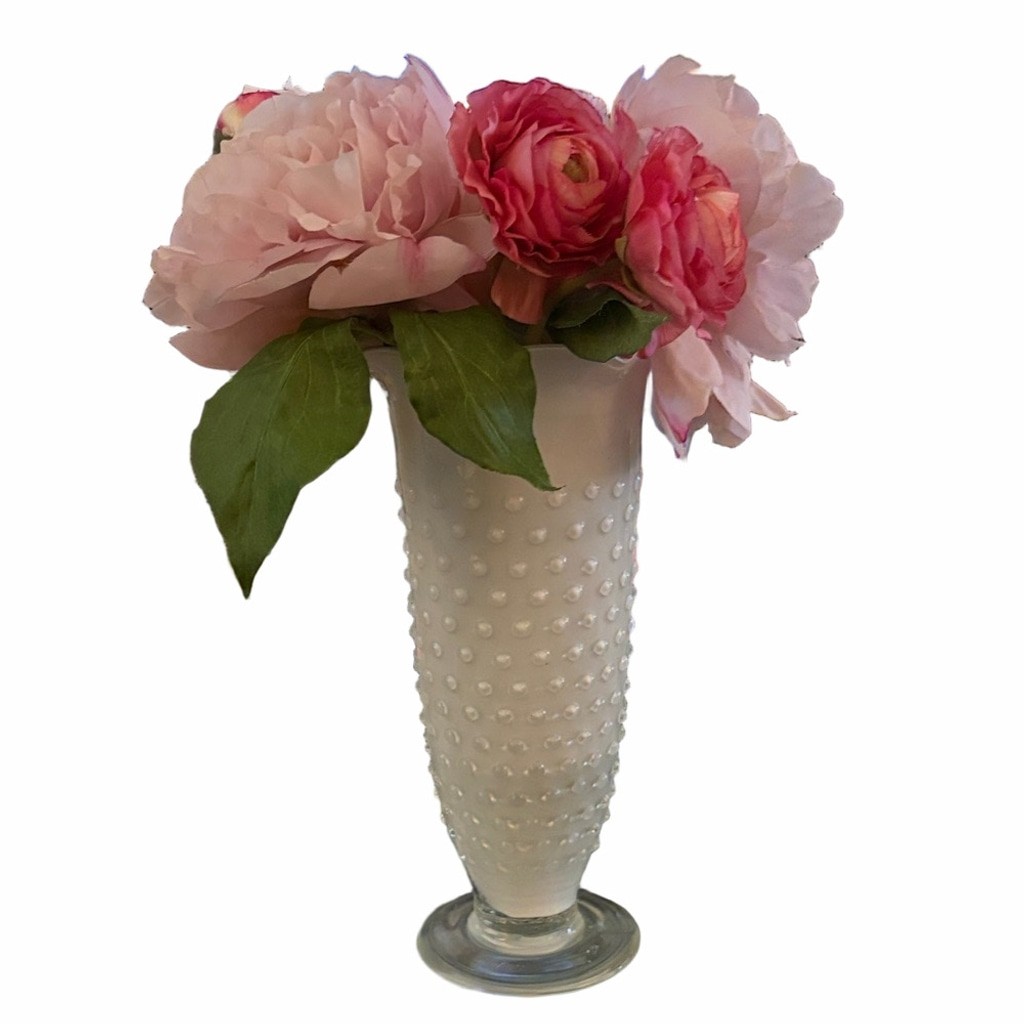 Shabby chic Vintage Glass hobnail vase ruffled edge WITH pink peony arrangement.