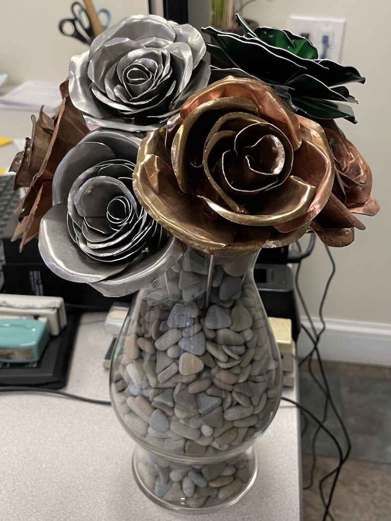 Metal Rose Bouquet, handcrafted, bent, and welded with Stems $100/6 Roses.
