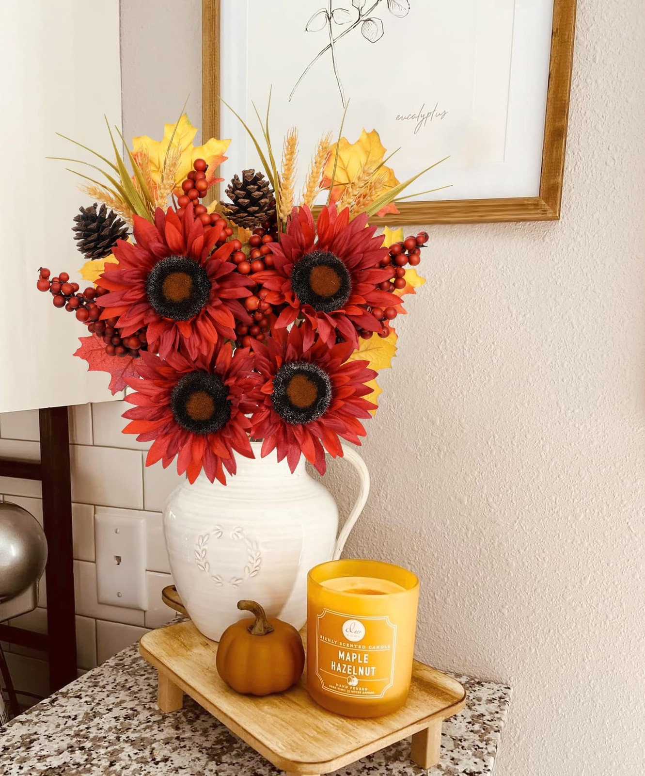 Briful 2 Pack 16 Inch Fall Sunflower Picks Burgundy Pinecone Floral Stems