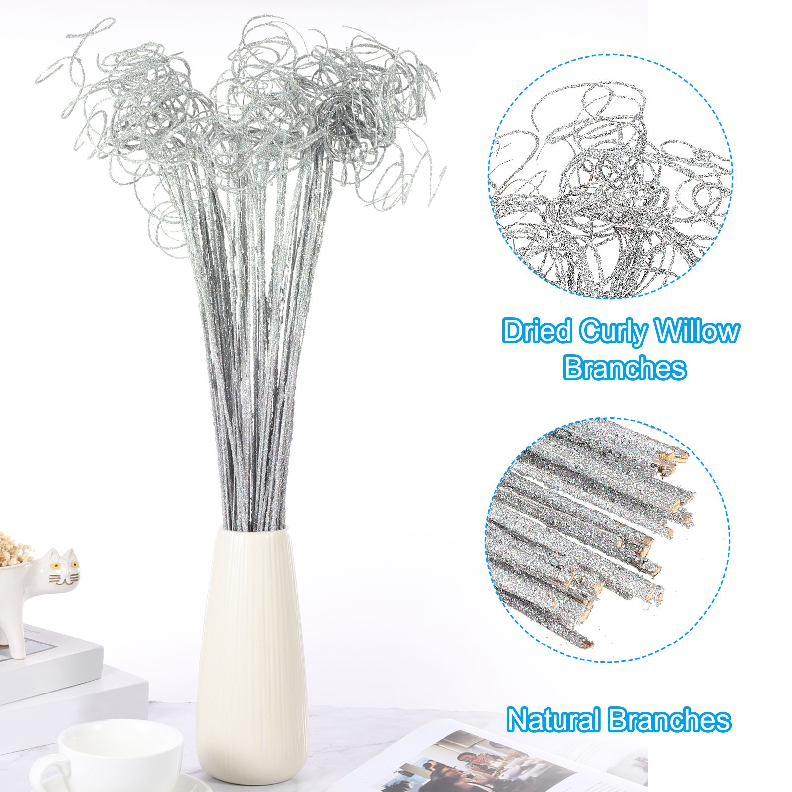 30 Pcs Glitter Dried Curly Willow Branches Natural Branches Twigs, Silver