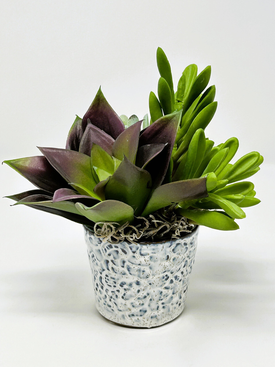 Mini 6″ Artificial Purple & Green mixed Succulent Garden #13, Blue Stone Ceramic