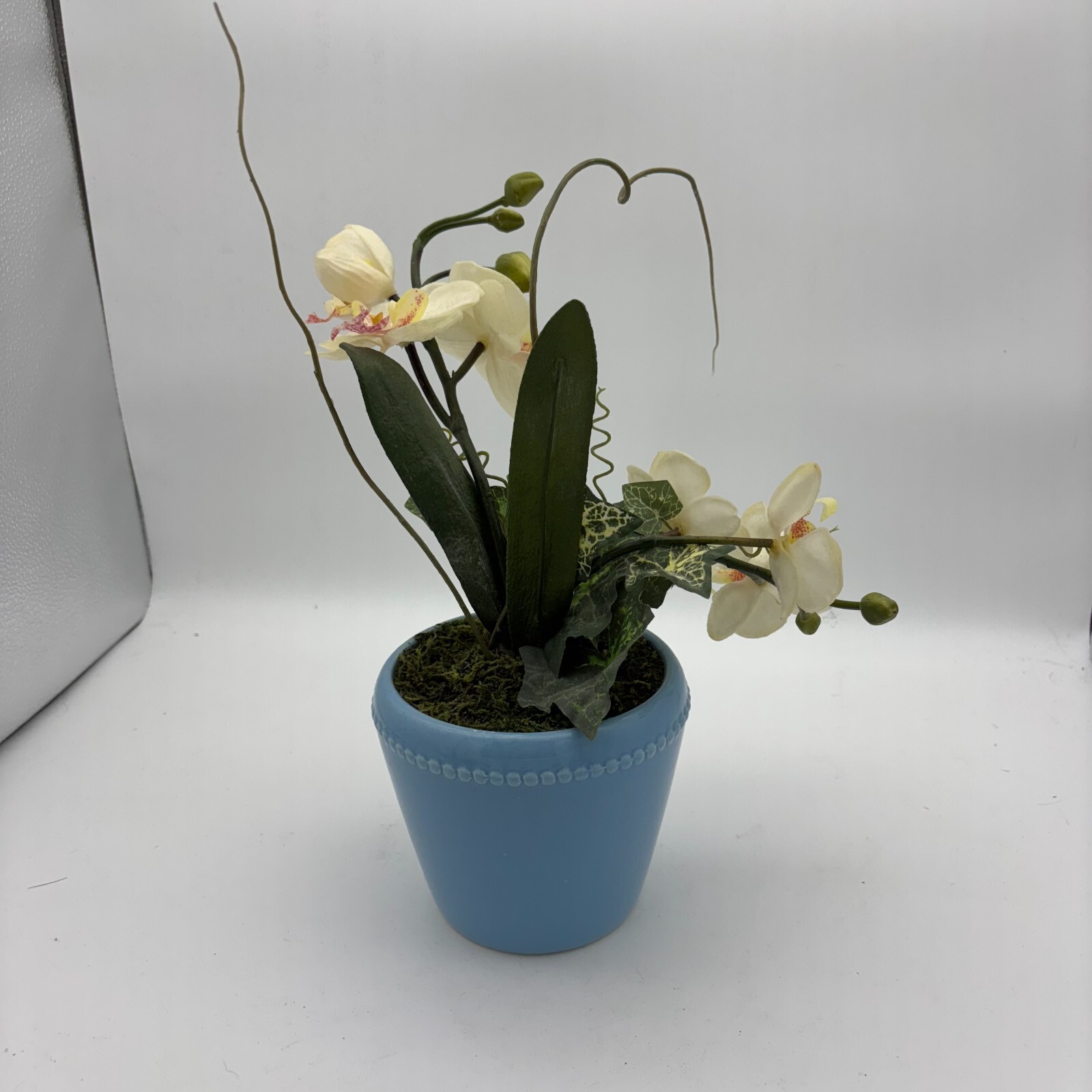 Vintage Floral Arrangement Set White Roses Blue Vase 1970s Retro Style Flowers