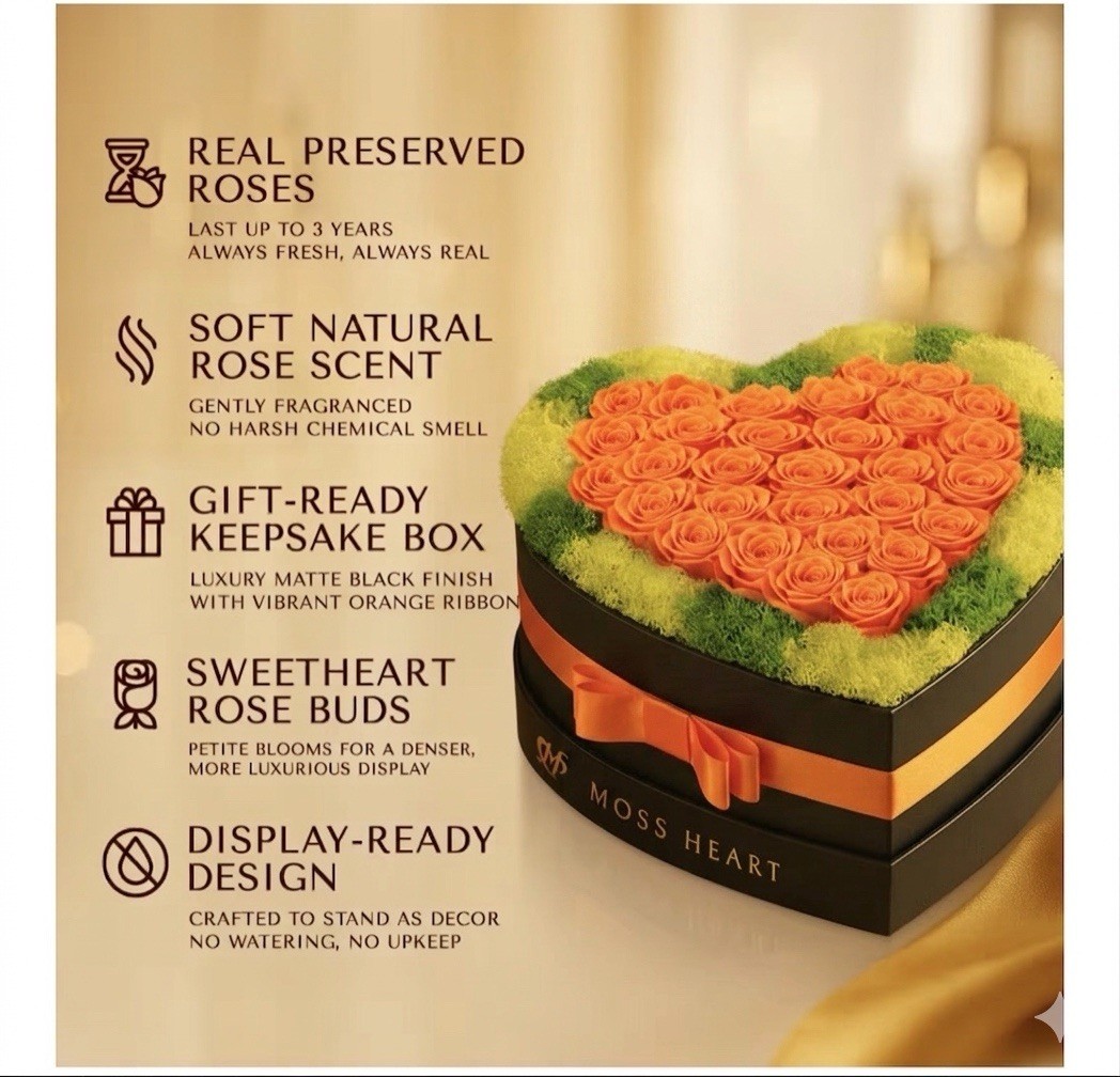 Moss Heart Preserved Orange Roses Heart-Shaped Flower Box 9″ x 5.7″ Mother’s Day