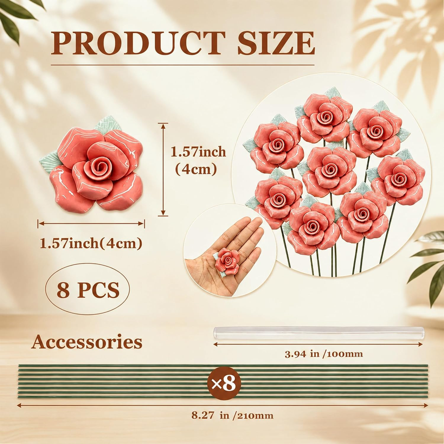 8 Pcs Red Ceramic Roses for Crafts with Detachable Stems and Glue, 2-In-1 3D Por