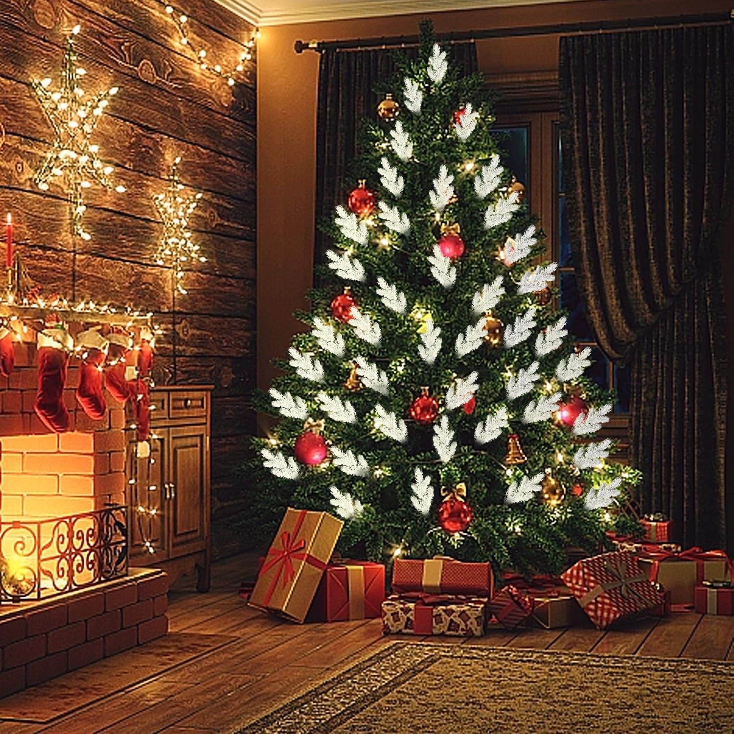 20PCS Frosted Artificial Pine Needles Branches 10.6 Inches Christmas Fake Sno…