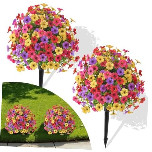 Pcs0″ Artificial Topiary Ball Flowers, UV Resistant 2 Red Yellow Rose Purple