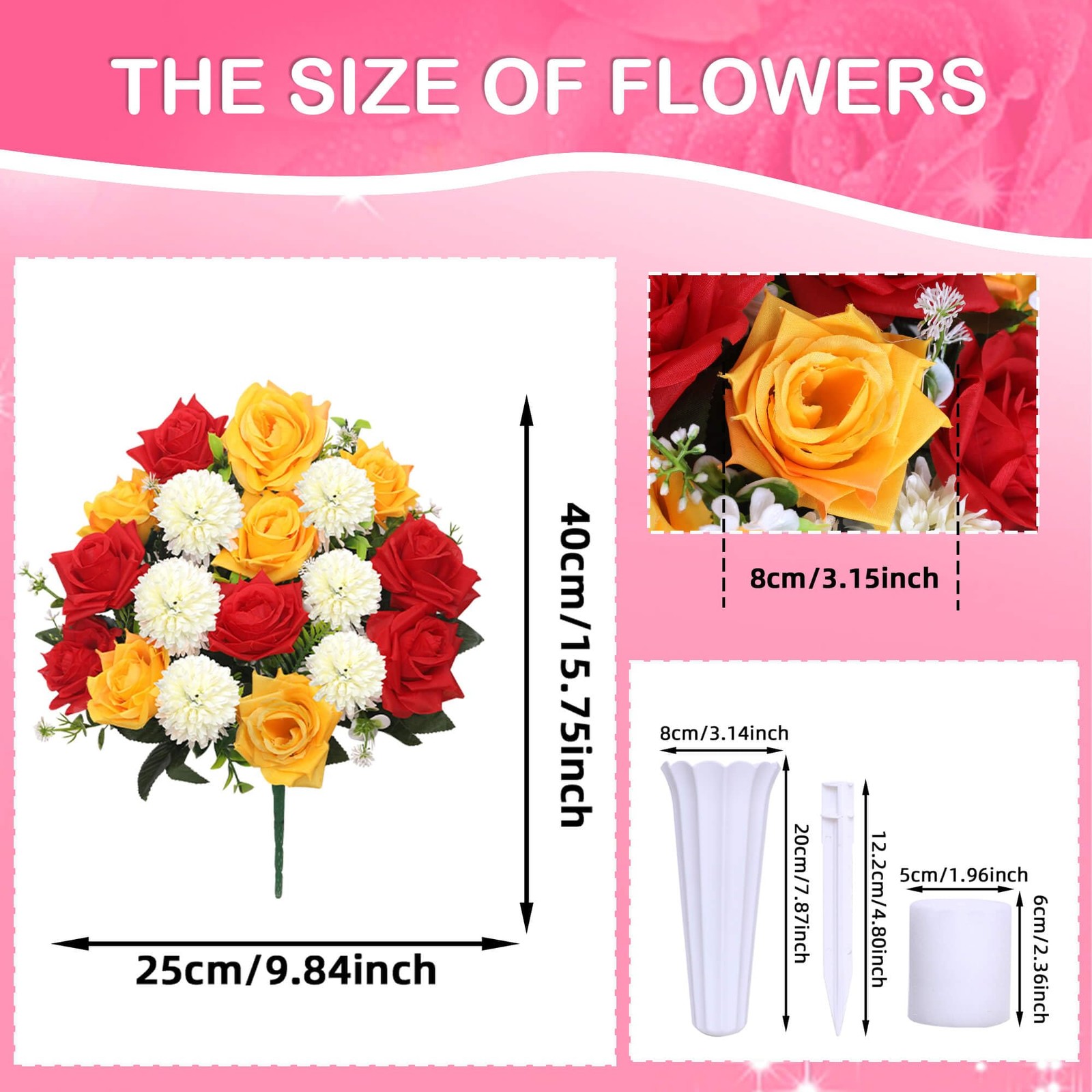 Set of 2 Artificial Bouquet Grave Memorial Flowers with Vase, Realistic Vibra…