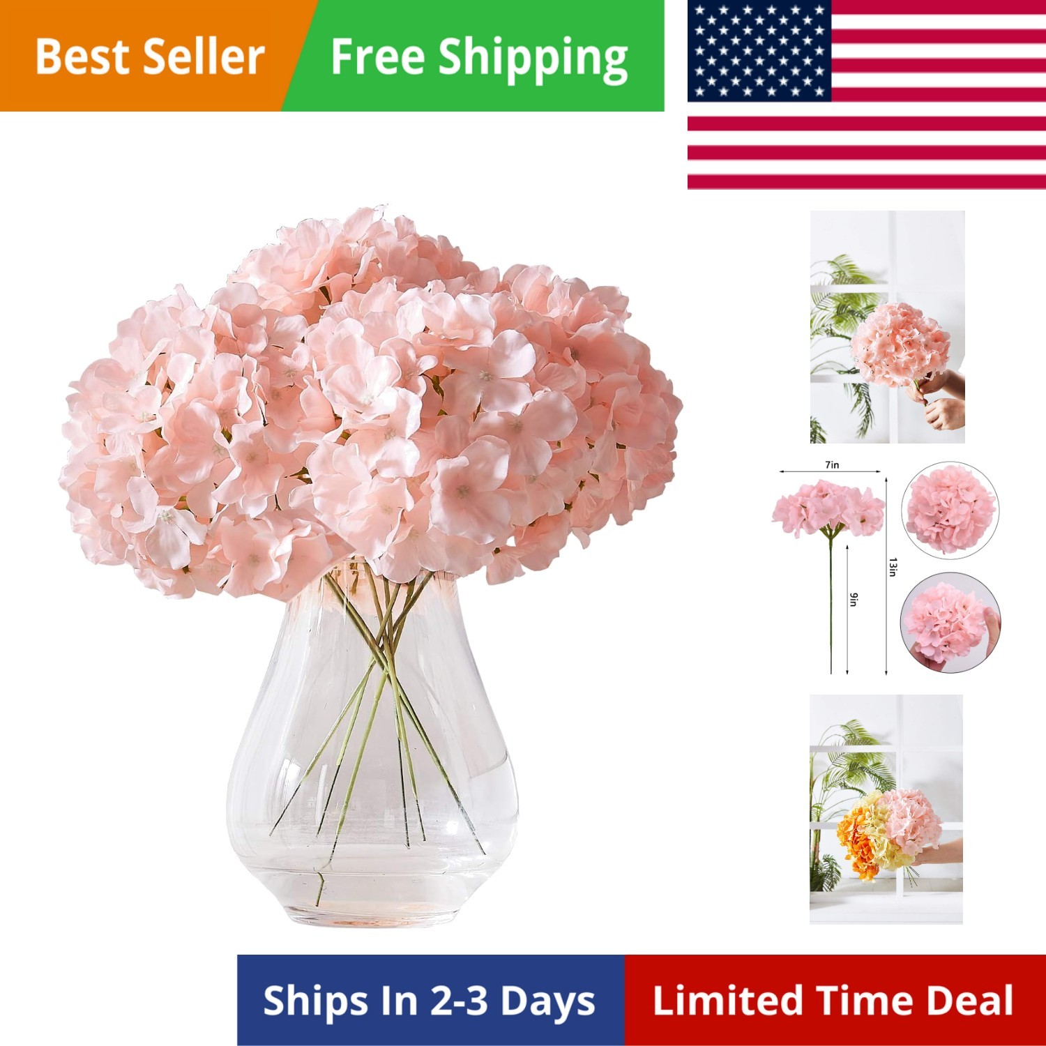 10Pcs Artificial Hydrangea Flowers Blush Heads Fake Hydrangea Silk Flowers fo…