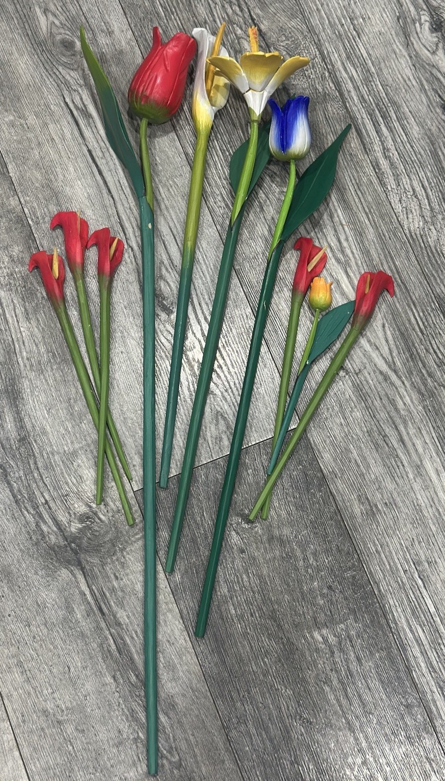 Wood Flowers Long Stem 9”- 31” floral arrangement Rose Tulip Lily Home Decor Lot