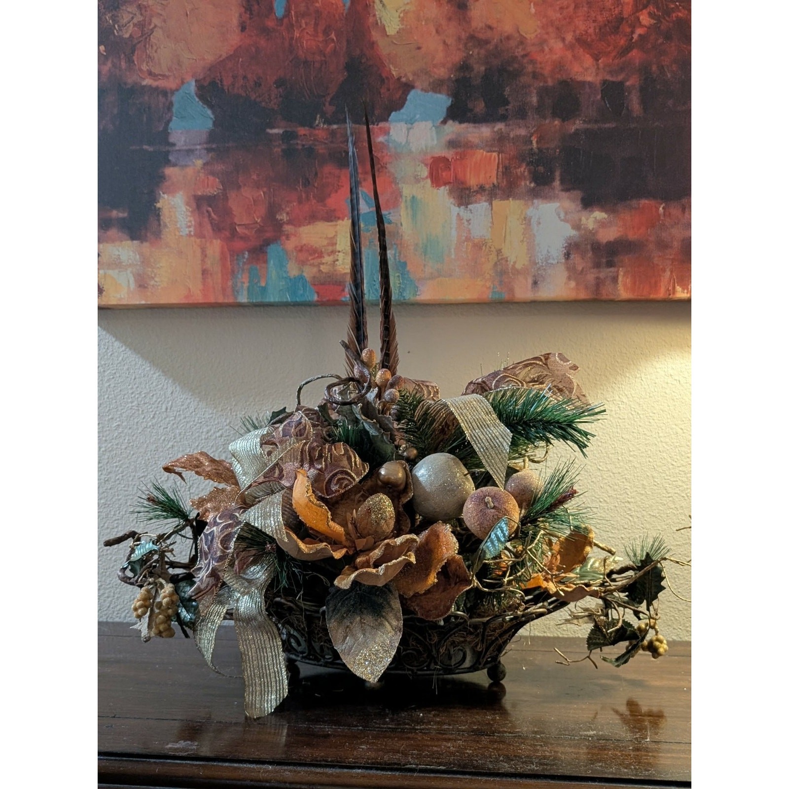 Rust Tan Gold Floral Autumn Fall Thanksgiving Centerpiece Pheasant Feathers