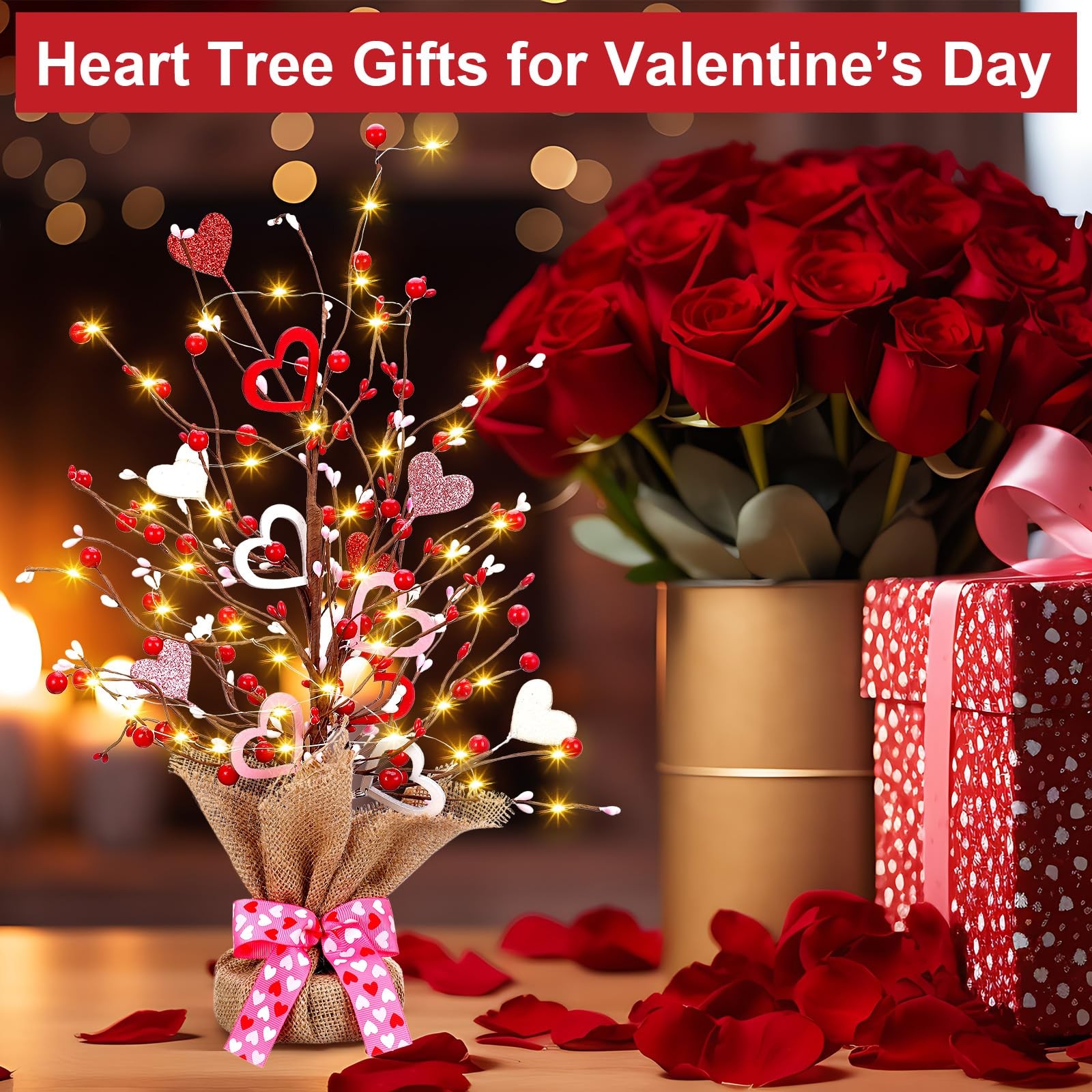 2 PCS Prelit Lighted Valentines Day Tree 21 Inch Tabletop Heart Ornament