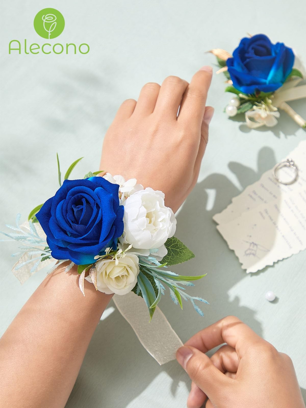 Navy Blue Corsage Boutonniere Set Rose Wristlet Wedding Prom Suit Decor