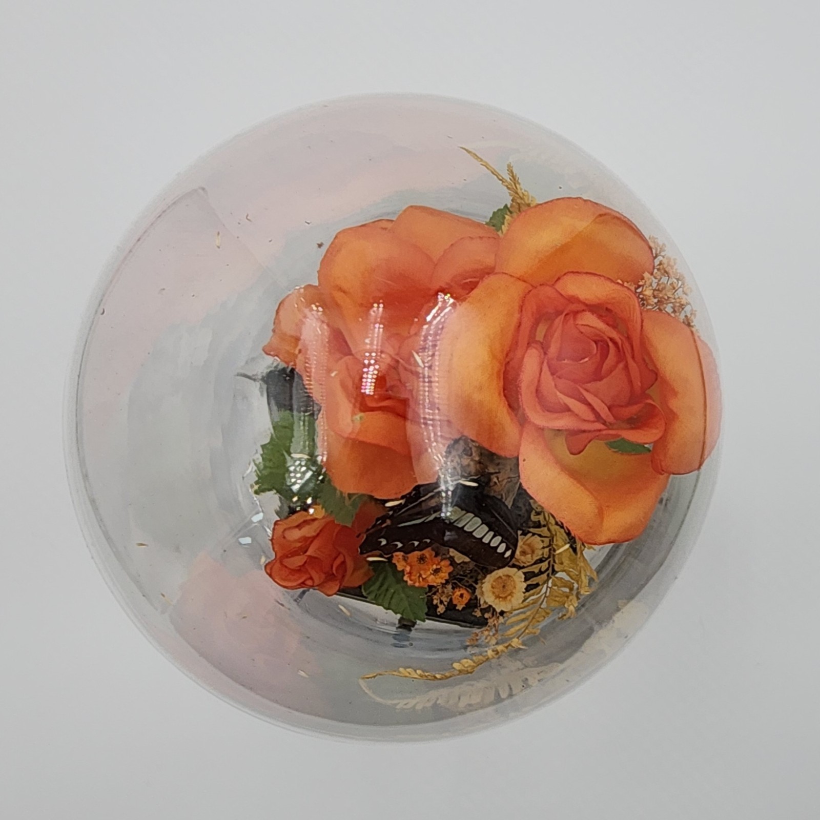 Vintage Glass Dome Floral Cloche with Butterfly Dried & Orange Faux Flowers
