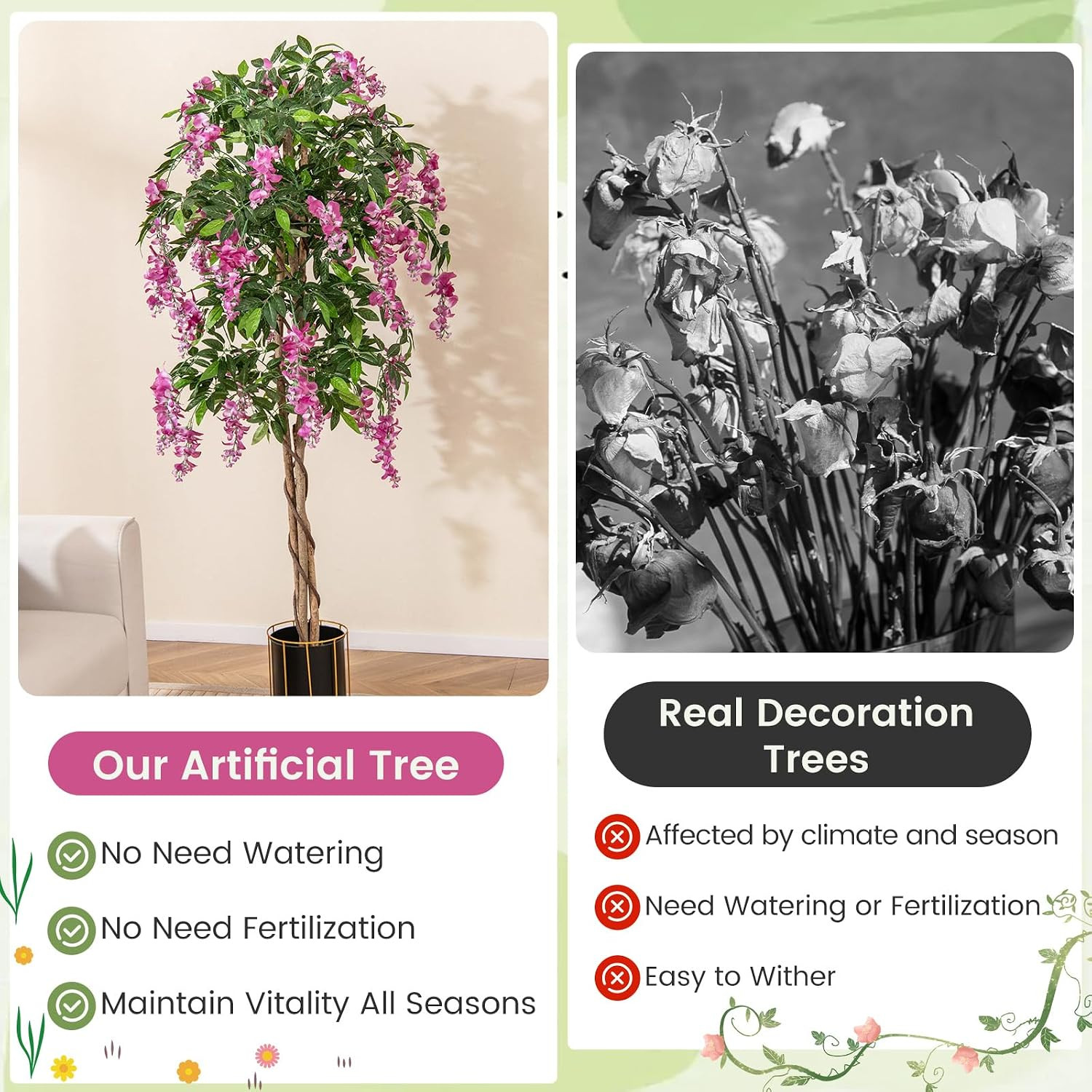 5.5FT Fake Wisteria Plant, Tall Artificial Tree in Nursery Pot with Rosy Flowers