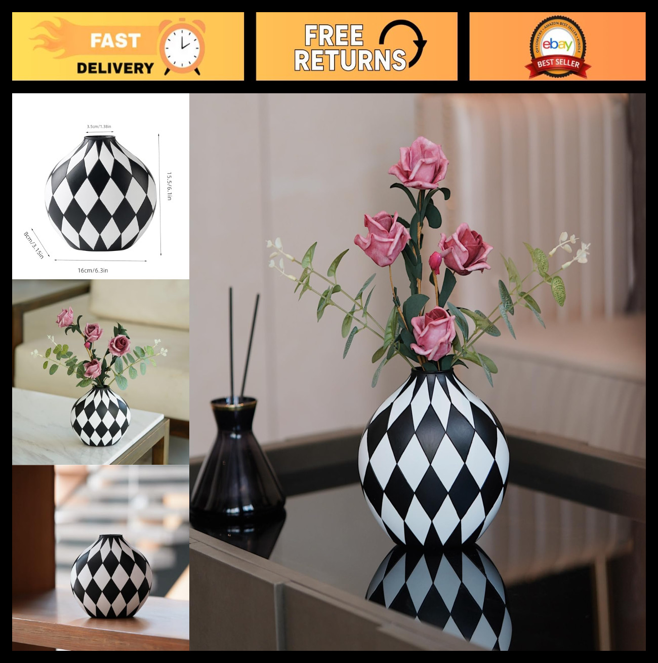 “Modern Black & White Checkered Flower Vase – Minimalist Home Decor for Living R