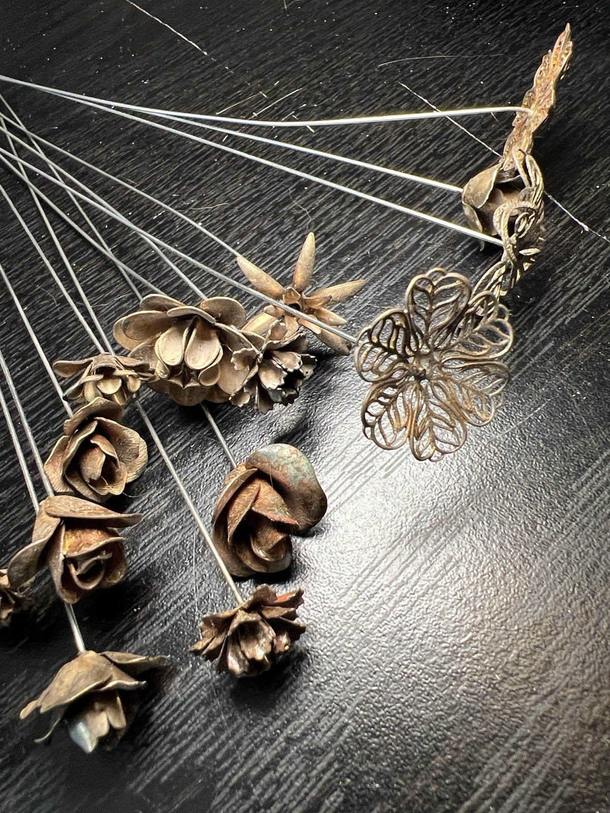 VTG Antique Metal Filigree Openwork Flowers Bouquet Stems Millinery Bridal Craft