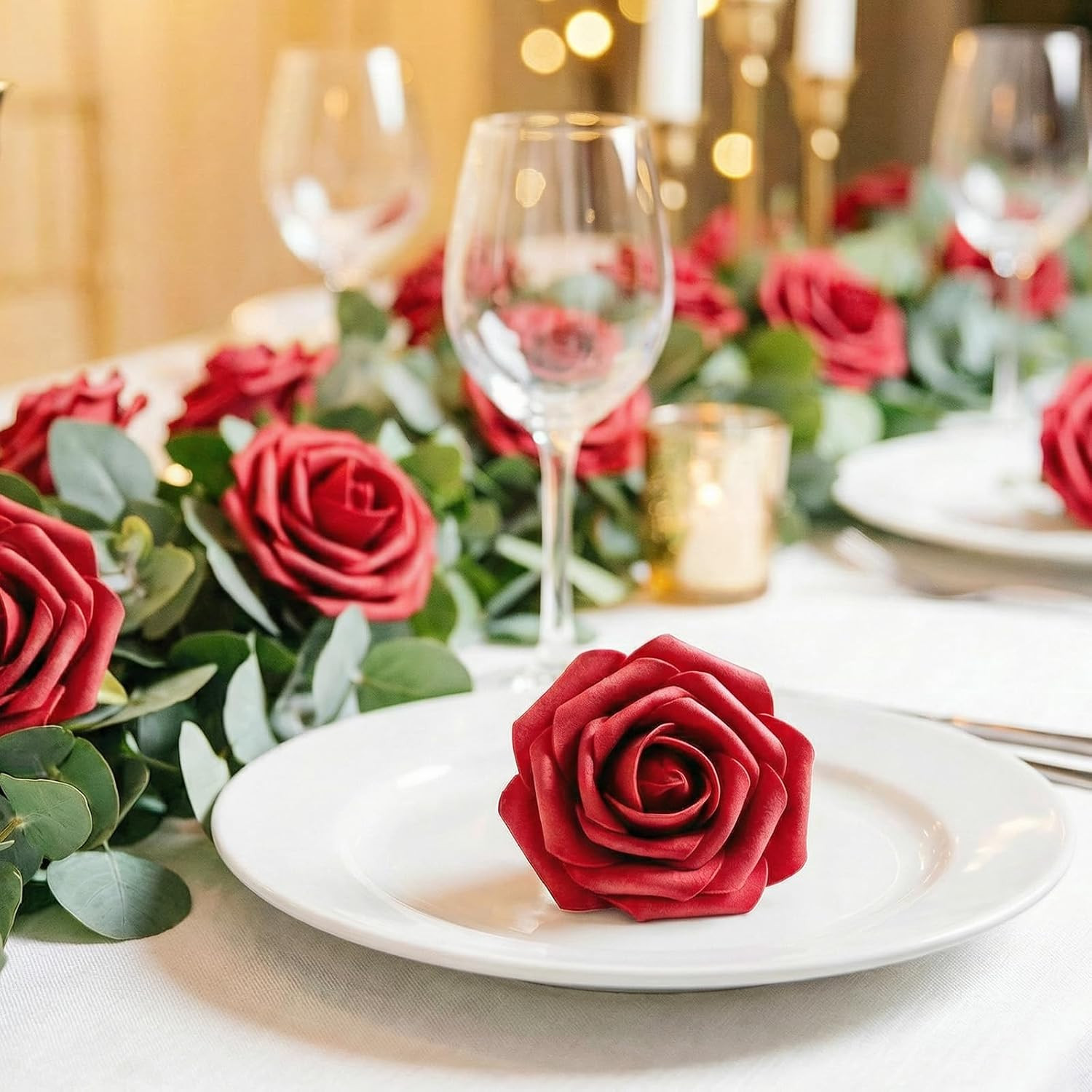 Artificial Flowers, 25 Pcs Dark Red Foam Real Looking Roses with Stems, Fake Ros
