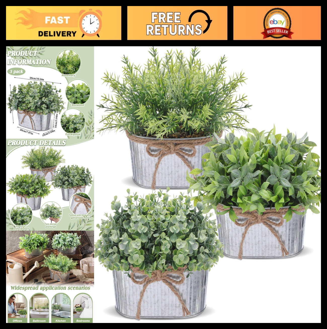 3 Pack Mini Potted Artificial Eucalyptus & Rosemary Plants in Metal Pots – Home